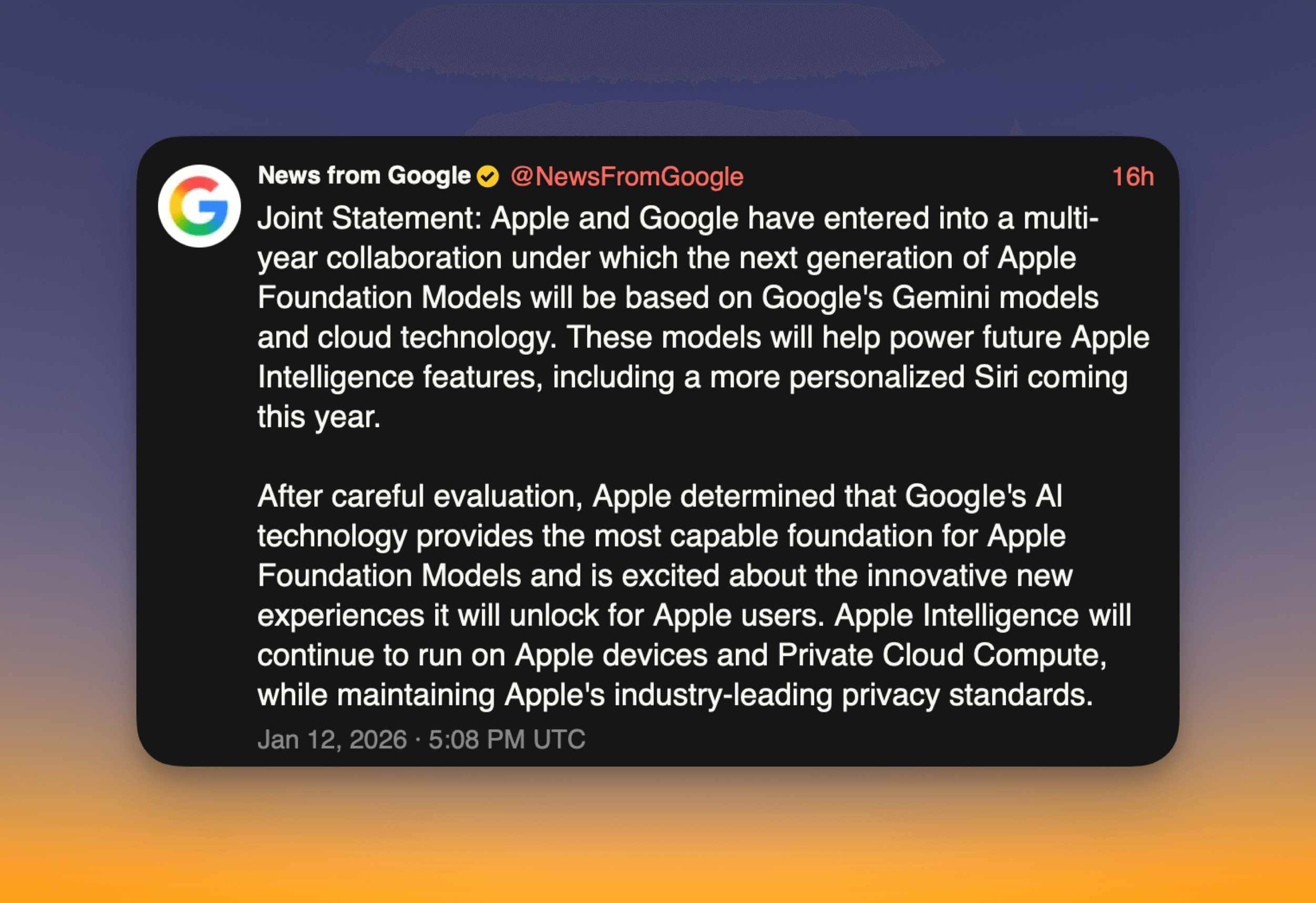 Ein Tweet von News from Google, der eine gemeinsame Erklärung mit Apple ankündigt, in der eine mehrjährige Zusammenarbeit skizziert wird, bei der die nächste Generation der Apple Foundation Models auf Googles Gemini-Modellen und Cloud-Technologie basieren wird, um zukünftige Apple Intelligence-Funktionen, einschließlich einer stärker personalisierten Siri, zu unterstützen, wobei Apple seine Datenschutzstandards beibehält.
