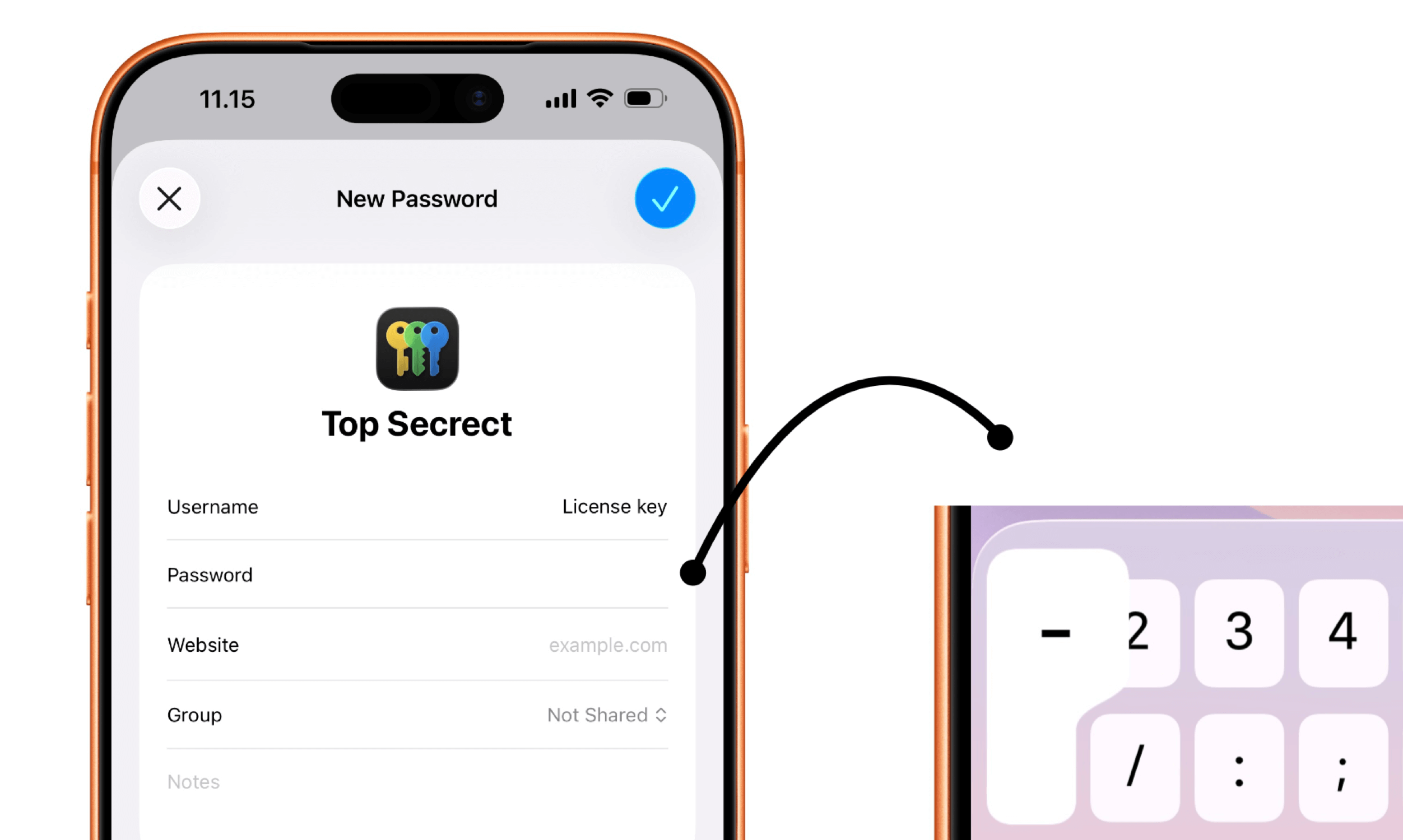 Ein Smartphone-Bildschirm, der eine neue Kennwort-Erstellungsoberfläche innerhalb der "Top Secret"-App anzeigt, mit Eingabefeldern für Benutzername, Passwort, Website und Gruppe sowie einer sichtbaren numerischen Tastatur mit Minus-, Schrägstrich-, Doppelpunkt- und Semikolontasten für die Passworteingabe.
