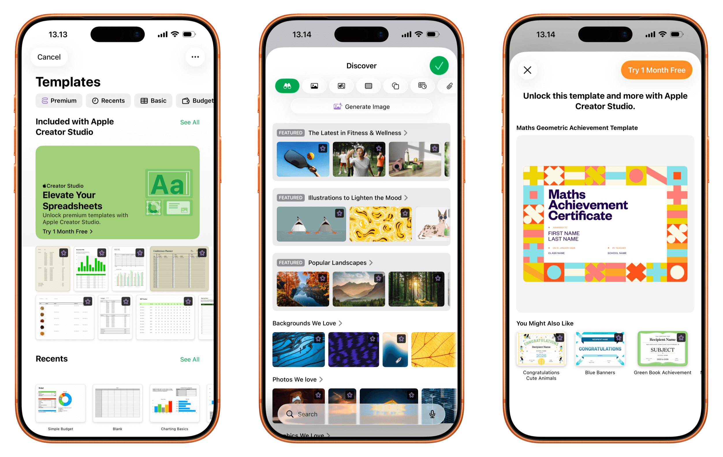 Screenshots eines mobilen App-Vorlagenladens, der verschiedene Vorlagenkategorien, vorgestellte Bildoptionen und eine Vorschau einer Mathematik-Leistungszertifikat-Vorlage zeigt; beinhaltet eine "Apple Creator Studio"-Abonnementwerbung.