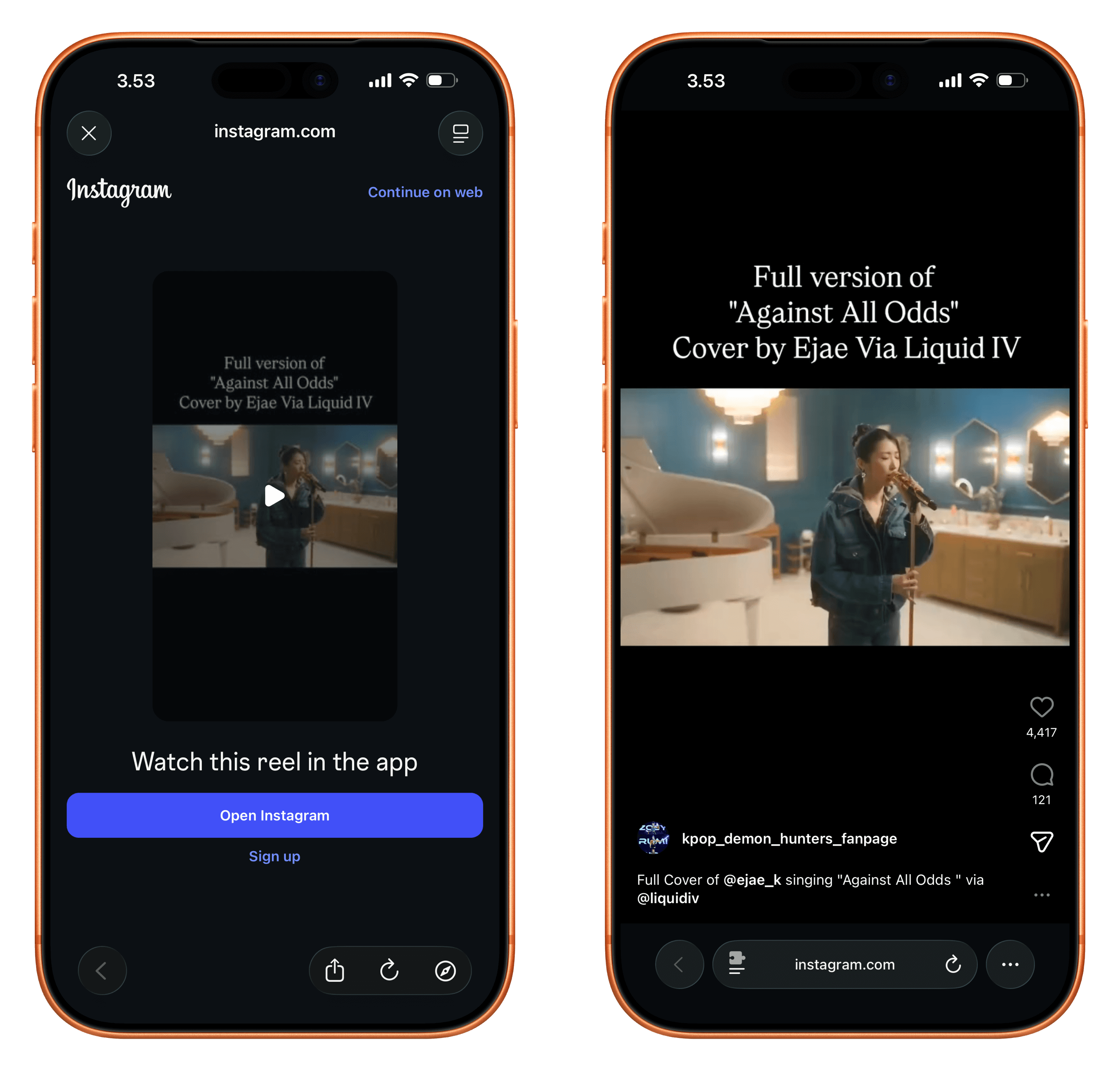 Ein Handybildschirm, der ein Instagram-Reel einer Frau anzeigt, die ein Cover von "Against All Odds" singt. Das Reel ist in eine Webseite eingebettet und bietet Optionen, um die Anzeige in der App fortzusetzen oder sich anzumelden.