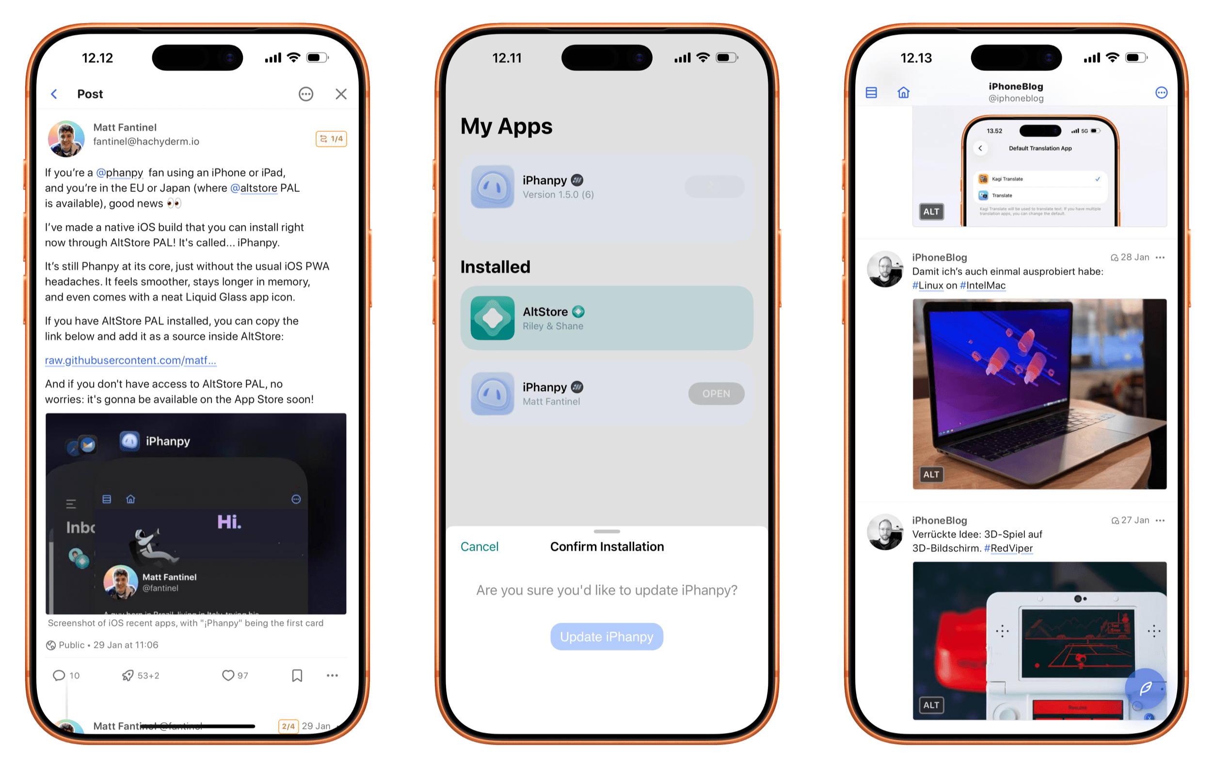 Drei Screenshots eines iPhones, die App-Installation und -Updates für die iPhanpy-App zeigen. Der linke Screenshot zeigt einen Twitter-Post, der die Veröffentlichung einer nativen iOS-Version der iPhanpy-App über AltStore PAL ankündigt. Der mittlere Screenshot zeigt den Bildschirm "Meine Apps" in AltStore, mit iPhanpy und AltStore unter "Installiert" und einer Aktualisierungsbestätigungsaufforderung. Der rechte Screenshot zeigt einen Twitter-Post von iPhoneBlog und andere, nicht verwandte Posts.