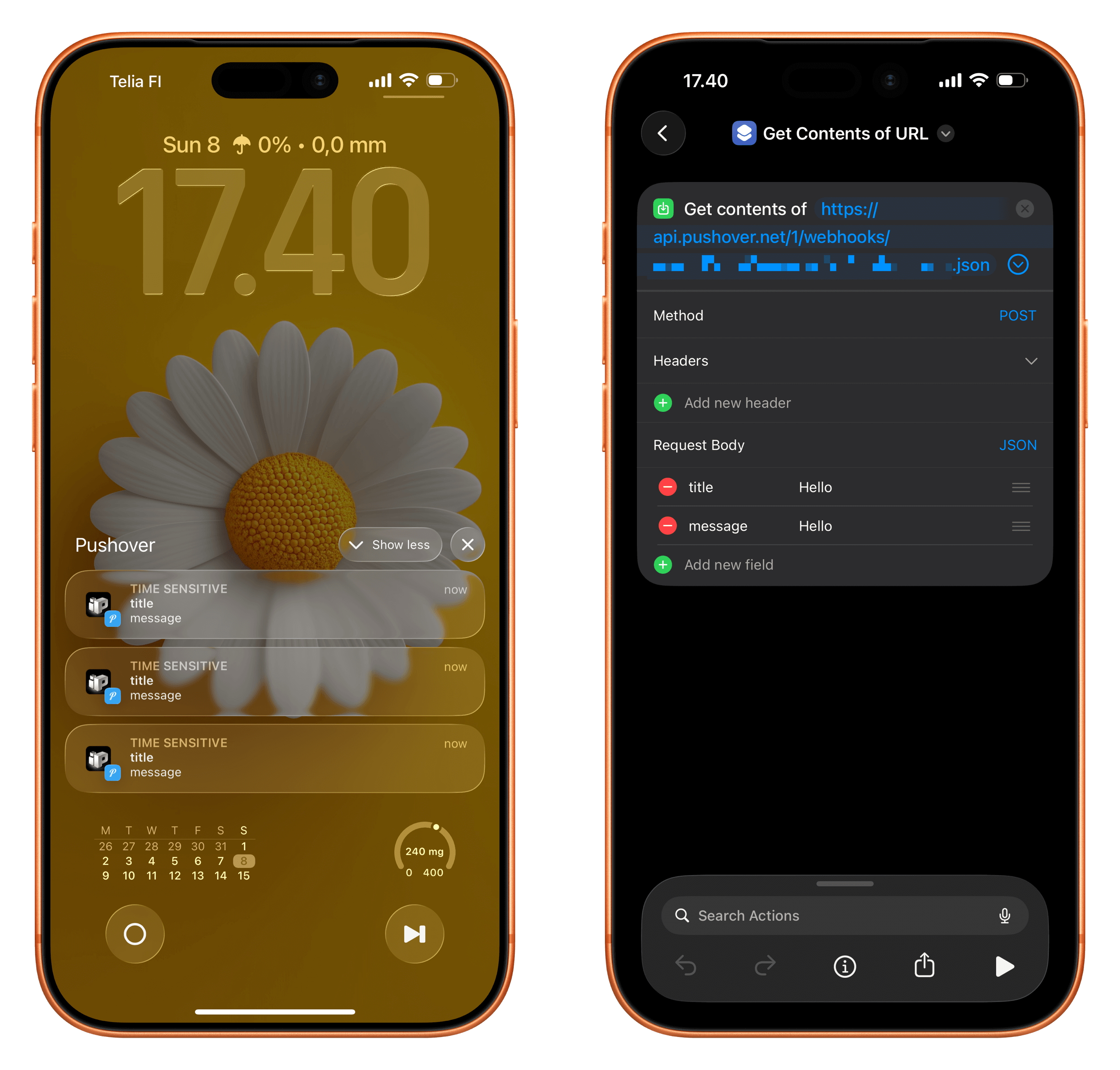 Zwei Smartphones mit orangefarbenen Rändern werden vor einem schwarzen Hintergrund angezeigt. Das erste Smartphone links hat einen Hintergrund im Gänseblümchen-Design, einen Pushover-Benachrichtigungsstapel und einen Kalender. Das zweite Smartphone rechts hat einen Bildschirm, der sich auf "Inhalte von URL abrufen" bezieht und die POST-Methode, die URL von api.pushover.net und den Anfragetext mit den Feldern "Titel" und "Nachricht" anzeigt.
