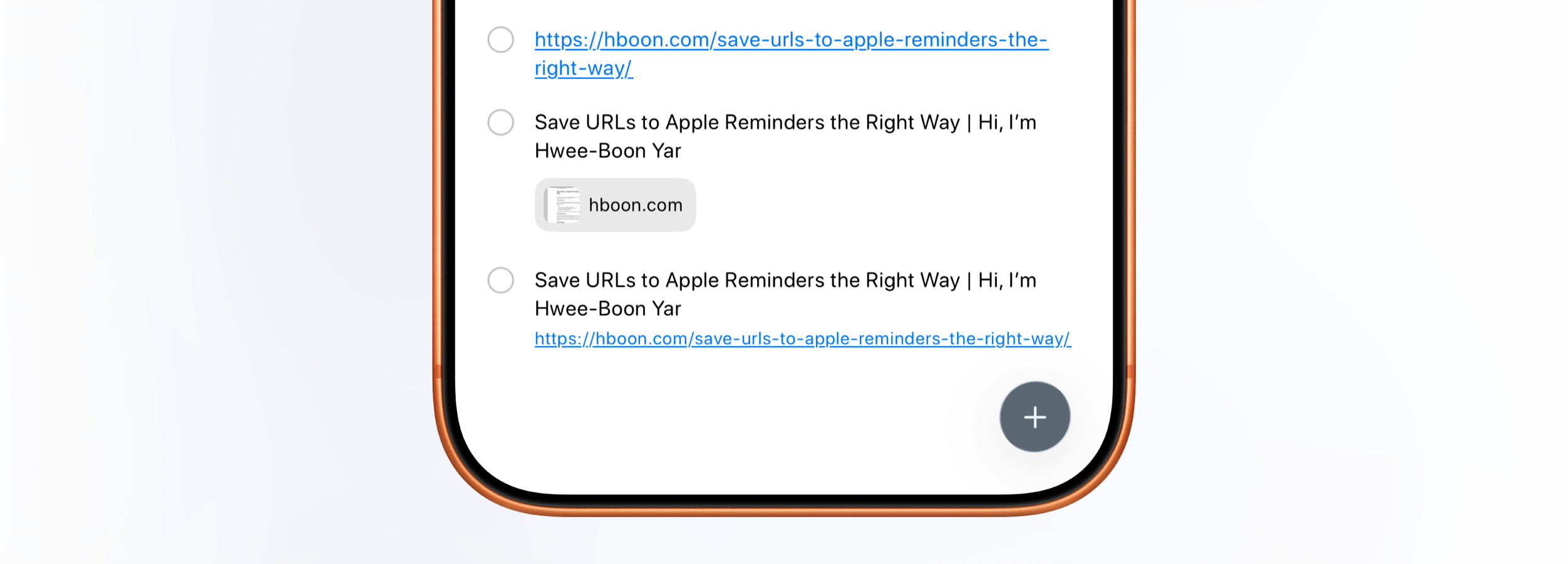 Screenshot eines Mobilgerätebildschirms, der eine Liste von Optionen zum Speichern von URLs in Apple Erinnerungen anzeigt, mit einer Hinzufügen-Schaltfläche am unteren Rand.