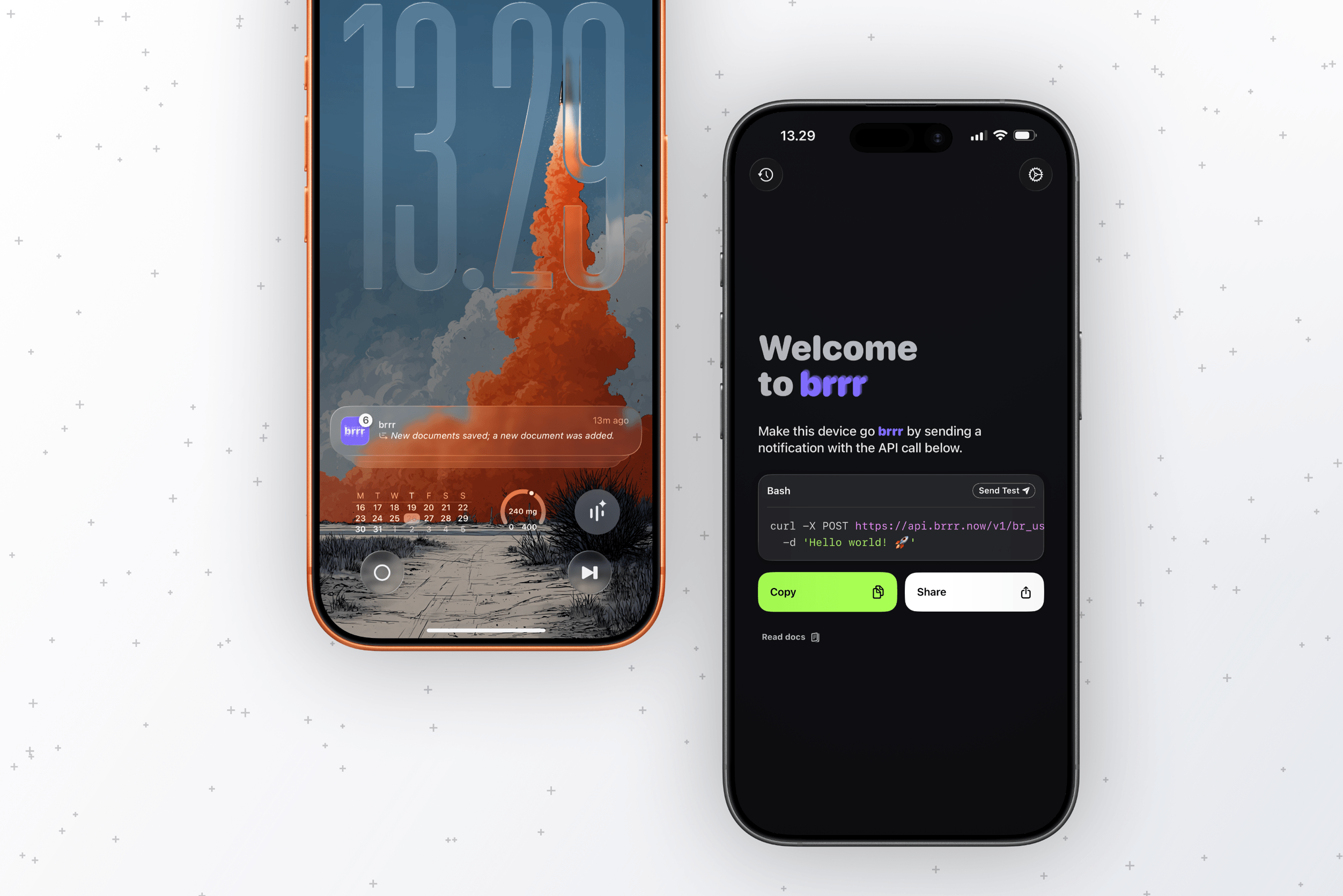 Zwei Smartphones nebeneinander. Das linke Telefon zeigt einen Sperrbildschirm mit einem Hintergrundbild eines Raketenstarts, der Uhrzeit „13:29“ und der Benachrichtigung: „brrr 13m ago New documents saved; a new document was added.“ Das rechte Telefon zeigt die App-Oberfläche „brrr“ mit folgendem Text: „Welcome to brrr. Make this device go brrr by sending a notification with the API call below.