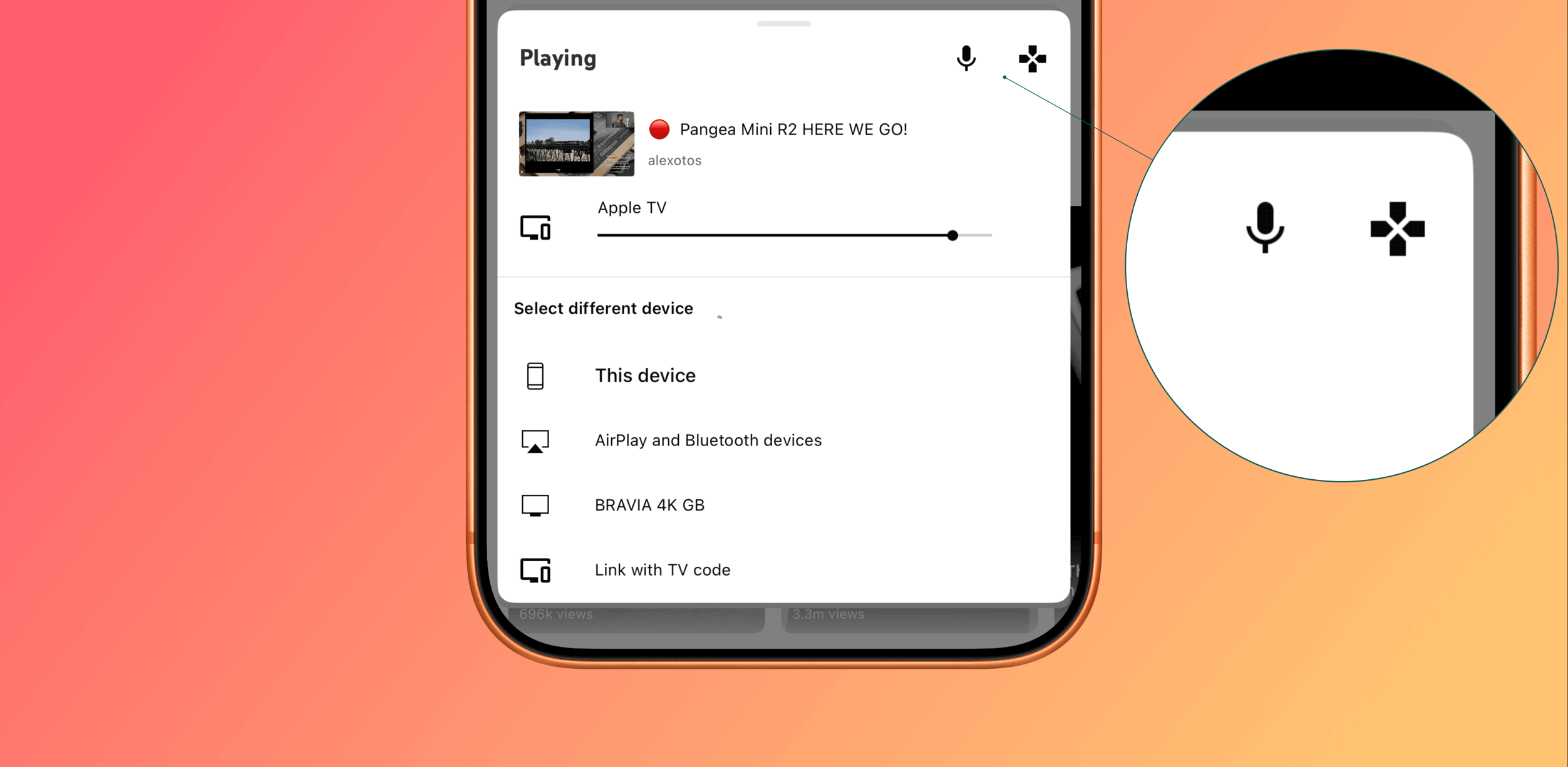 Ein Smartphone-Bildschirm, der die Benutzeroberfläche eines Media-Players anzeigt, mit dem Video "Pangea Mini R2 HERE WE GO!", das abgespielt wird. Die Benutzeroberfläche zeigt Optionen zur Auswahl verschiedener Geräte für die Wiedergabe an, darunter "Dieses Gerät", "AirPlay und Bluetooth Geräte" und "BRAVIA 4K GB". Die Benutzeroberfläche zeigt außerdem ein Audiosteuerungssymbol und eine Schaltfläche, die wie ein Gamepad aussieht.
