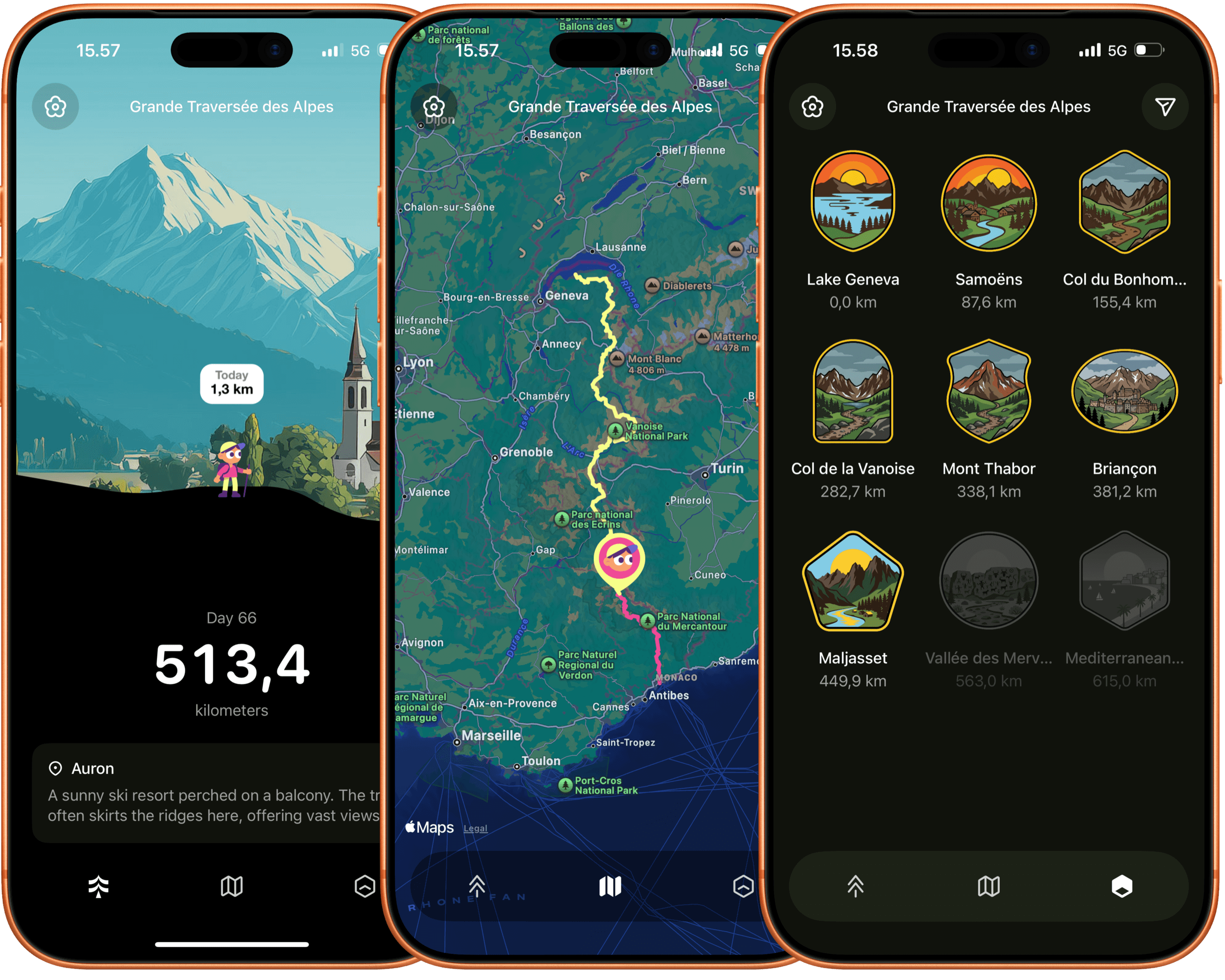Drei Handy-Bildschirme, die Navigations- und Wanderinformationen anzeigen. Der erste zeigt eine Karte mit einem Wanderer-Symbol, der zweite zeigt eine Karte der Alpen und der dritte zeigt sechseckige Symbole für verschiedene Wanderziele. Jeder Bildschirm zeigt oben "Grande Traversée des Alpes" an. Der erste Bildschirm zeigt "Heute 1,3 km", "Tag 66" und "513,4 Kilometer". Der zweite zeigt eine Route durch die Alpen auf einer Karte. Der dritte zeigt Symbole von Genfer See, Samoëns, Col du Bonhom, Col de la Vanoise, Mont Thabor, Briançon, Maljasset, Vallée des Merv und mediterranen Zielen mit Entfernungen.
