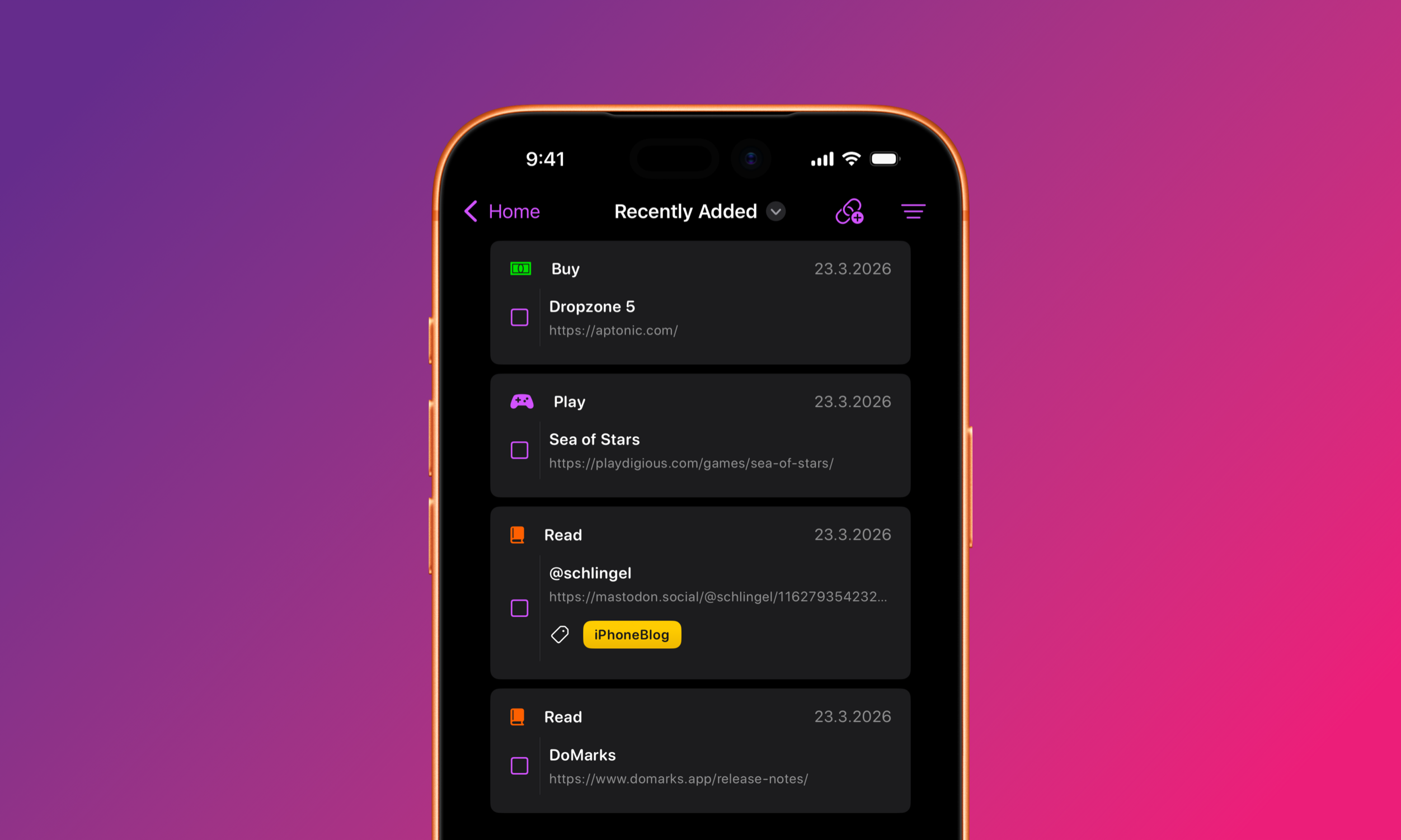 Ein Smartphone-Bildschirm zeigt die Benutzeroberfläche einer App mit der Überschrift „Recently Added“. Die dunkel gestaltete Liste enthält mehrere Einträge, die nach Kategorien wie „Buy“, „Play“ und „Read“ sortiert sind, jeweils mit dem Datum „23.3.2026“, einem Namen und einer URL.