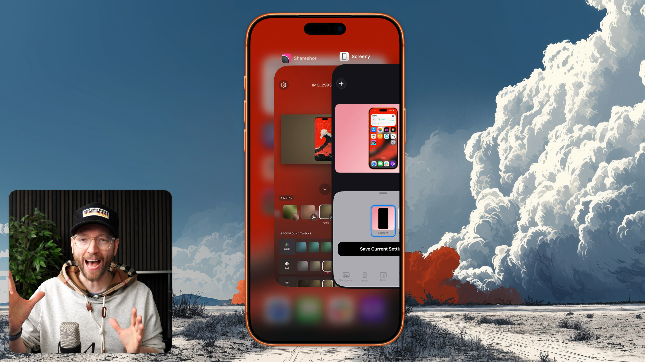Eine Person mit Brille ist im Vordergrund, mit erhobenen Armen und weit geöffneten Augen, mit einem Studio-ähnlichen Hintergrund. In der Mitte des Bildes befindet sich eine Telefonüberlagerung mit mehreren Bildschirmen, darunter eine "Shareshot"- und "Screeny"-App mit dem Text "IMG_2993" und "Save Current Settings", "Background Tweaks" sowie anderen kleineren Symbolen. Der Hintergrund besteht aus blauem Himmel mit großen weißen Wolken.