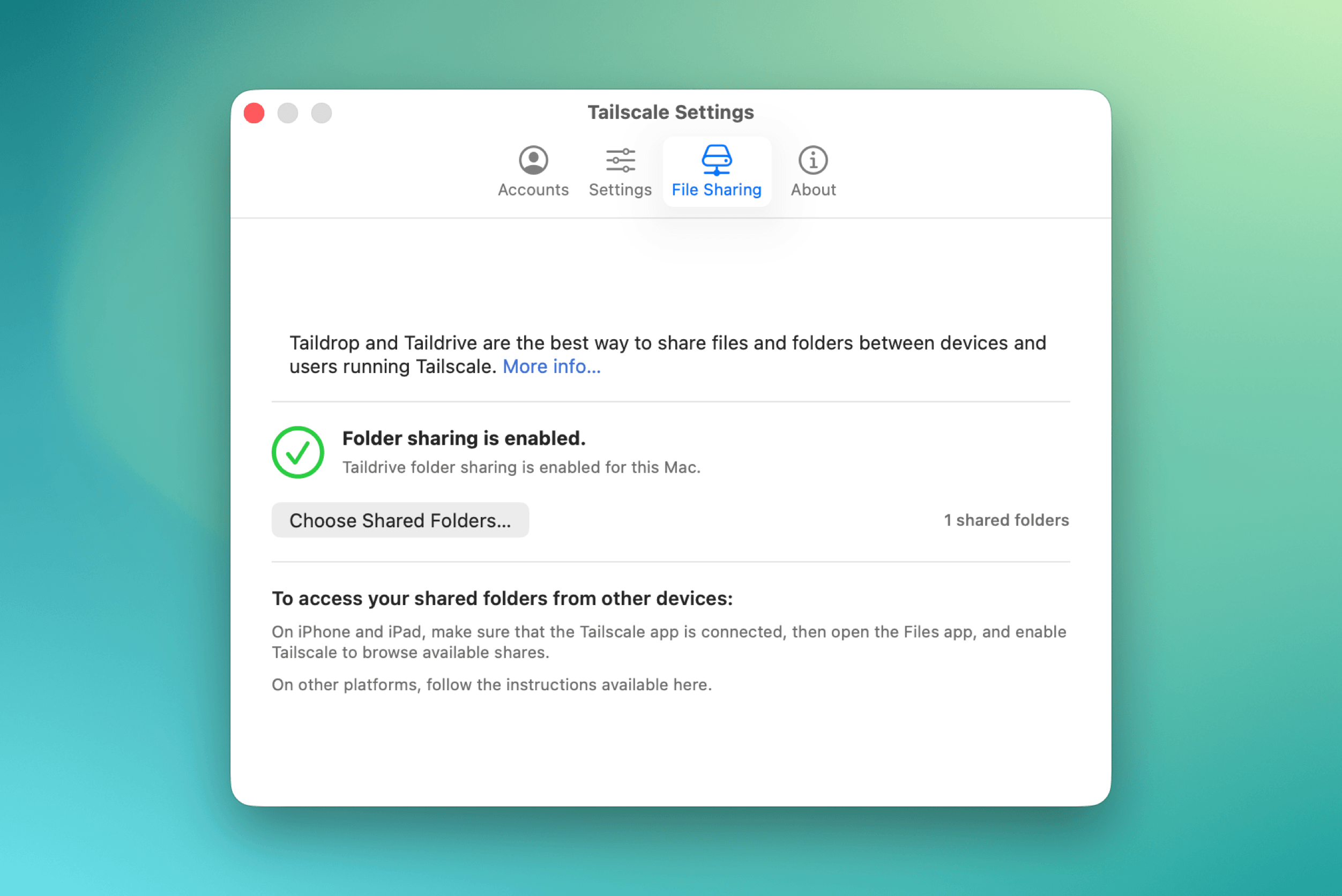 Das Tailscale-Einstellungsfenster ist geöffnet und zeigt den Reiter „File Sharing“. Der angezeigte Text lautet: „Tailscale Settings. Accounts, Settings, File Sharing, About. Taildrop and Taildrive are the best way to share files and folders between devices and users running Tailscale. More info... Folder sharing is enabled. Taildrive folder sharing is enabled for this Mac. Choose Shared Folders... 1 shared folders. To access your shared folders from other devices: On iPhone and iPad, make sure that the Tailscale app is connected, then open the Files app, and enable Tailscale to browse available shares. On other platforms, follow the instructions available here.“