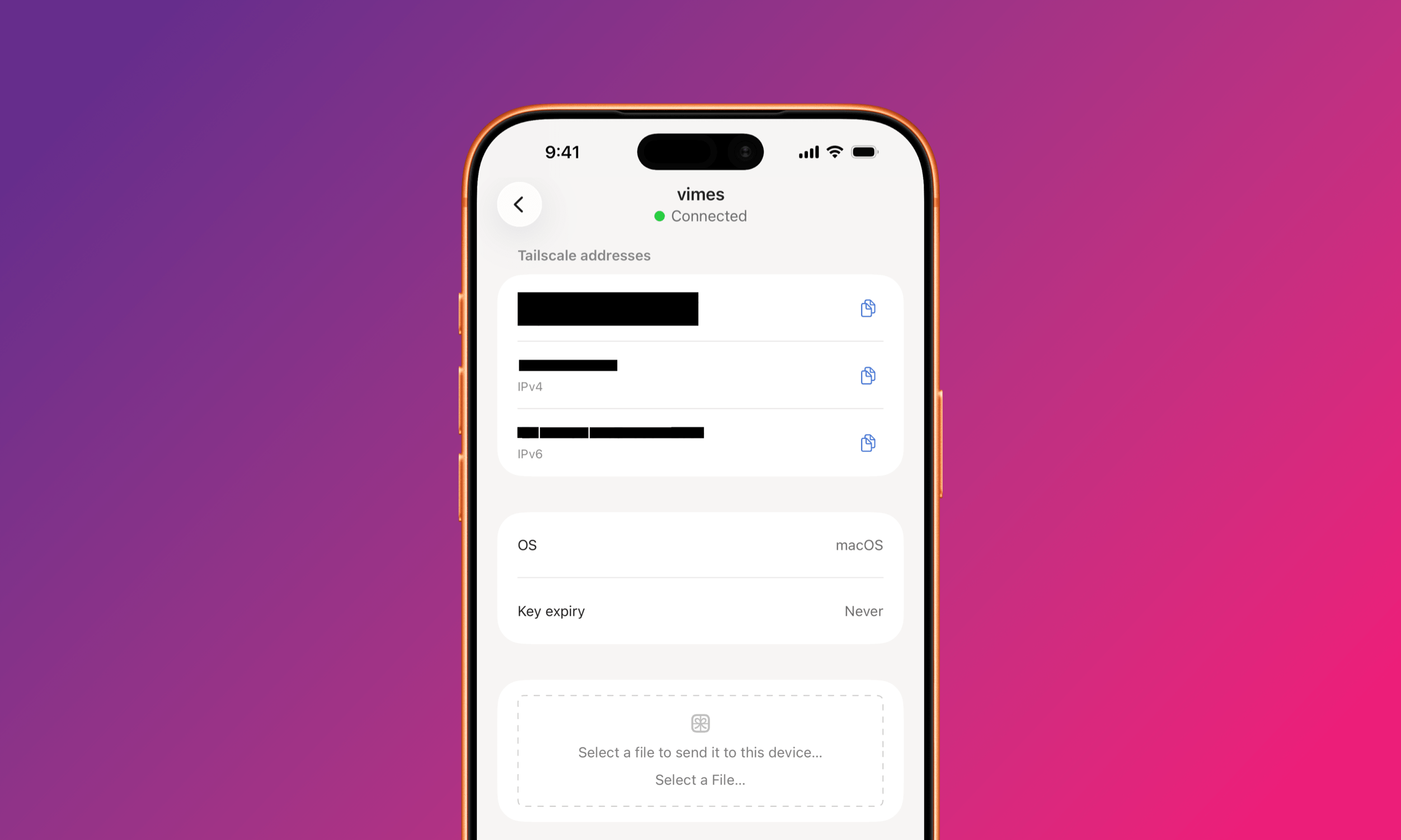 Ein Smartphone zeigt die Benutzeroberfläche der Tailscale-App für ein verbundenes Gerät. Auf dem Bildschirm steht: „9:41“, „vimes“, „Connected“, „Tailscale addresses“, „IPv4“, „IPv6“, „OS“, „macOS“, „Key expiry“, „Never“, „Select a file to send it to this device...“, „Select a File...“. Die Benutzeroberfläche listet mehrere geschwärzte Netzwerkadressen mit Kopiersymbolen auf.