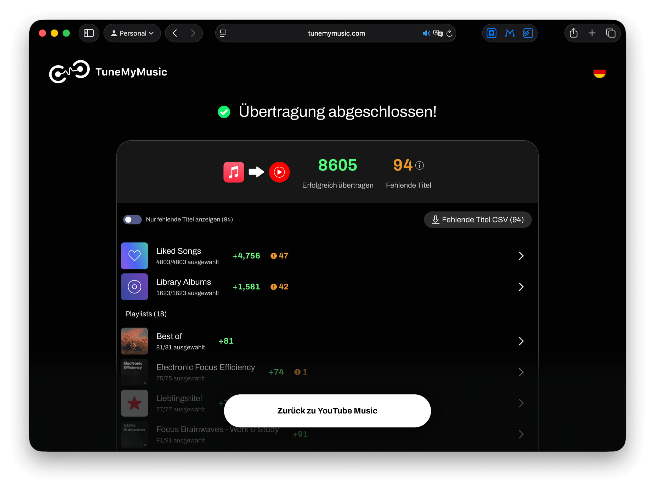 Die TuneMyMusic-Weboberfläche zeigt nach einer Musikübertragung den Status „Übertragung abgeschlossen!“ an. Der Bildschirm fasst das Ergebnis mit „8605 Erfolgreich übertragen“ und „94 Fehlende Titel“ zusammen.