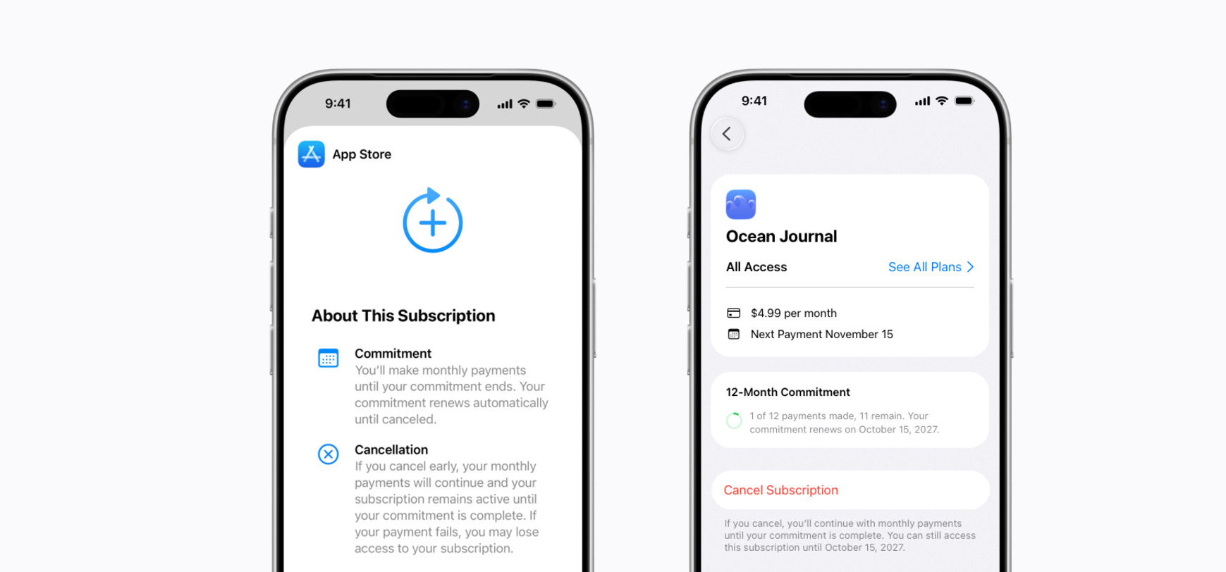 Zwei iPhone-Bildschirme zeigen Abonnement-Details im App Store. Der linke Bildschirm zeigt den Bereich „About This Subscription“ mit dem Text: „Commitment: You’ll make monthly payments until your commitment ends.