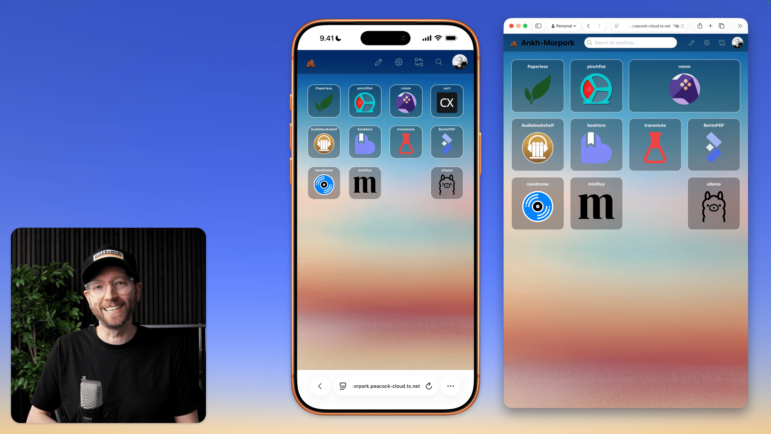Ein lächelnder Mann mit Mütze und Brille befindet sich in der unteren linken Ecke, neben einem Smartphone und einem Webbrowser-Fenster. Sowohl das Telefon als auch der Browser zeigen ein Dashboard mit dem Titel „Ankh-Morpork“.