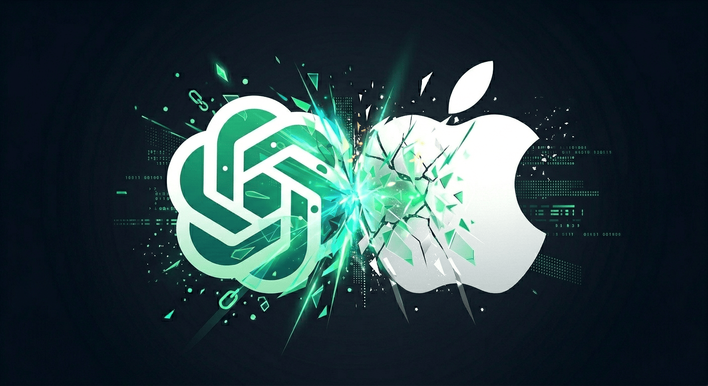 Eine digitale Illustration, die zeigt, wie das hexagonale OpenAI-Logo mit einem weißen Apple-Logo kollidiert und es vor einem leuchtend grünen Hintergrund mit digitalen Code-Elementen in Stücke zersplittern lässt.