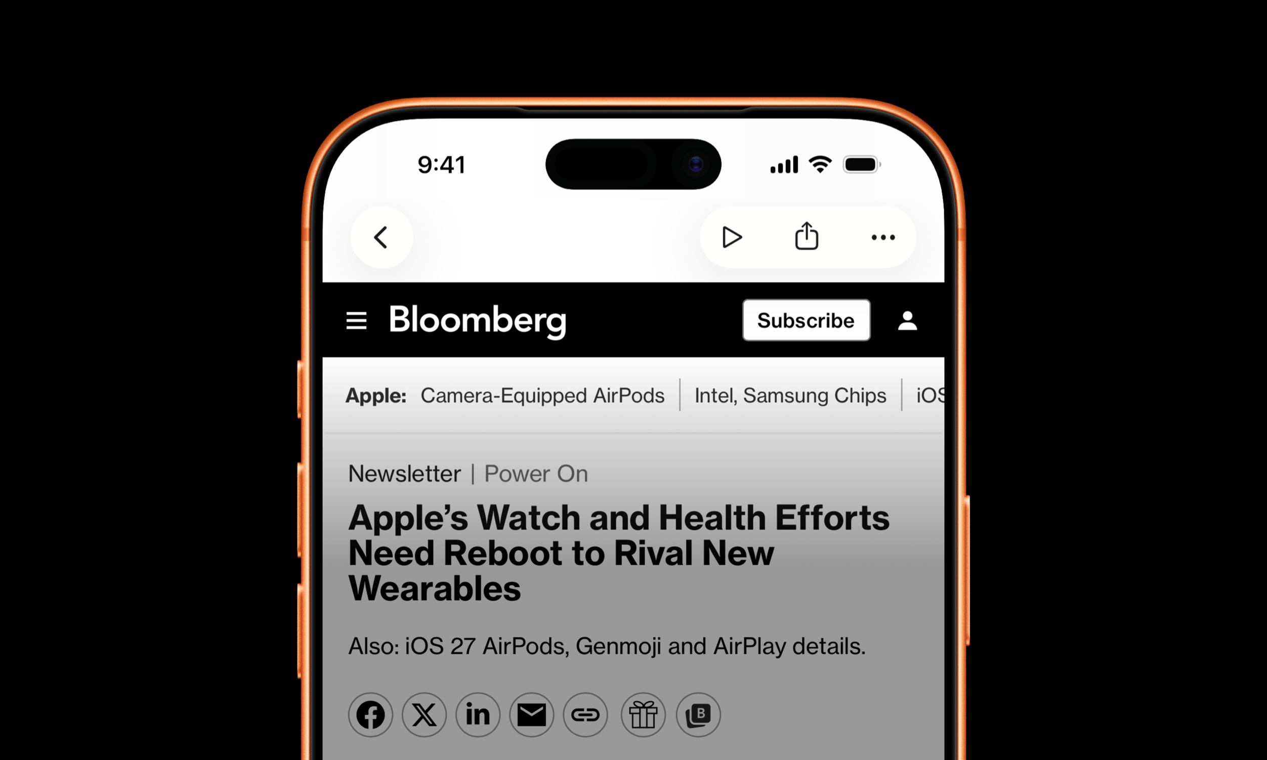 Ein Smartphone-Bildschirm zeigt einen Bloomberg-Nachrichtenartikel mit der Überschrift „Apple’s Watch and Health Efforts Need Reboot to Rival New Wearables“ innerhalb einer mobilen Webbrowser-Oberfläche.