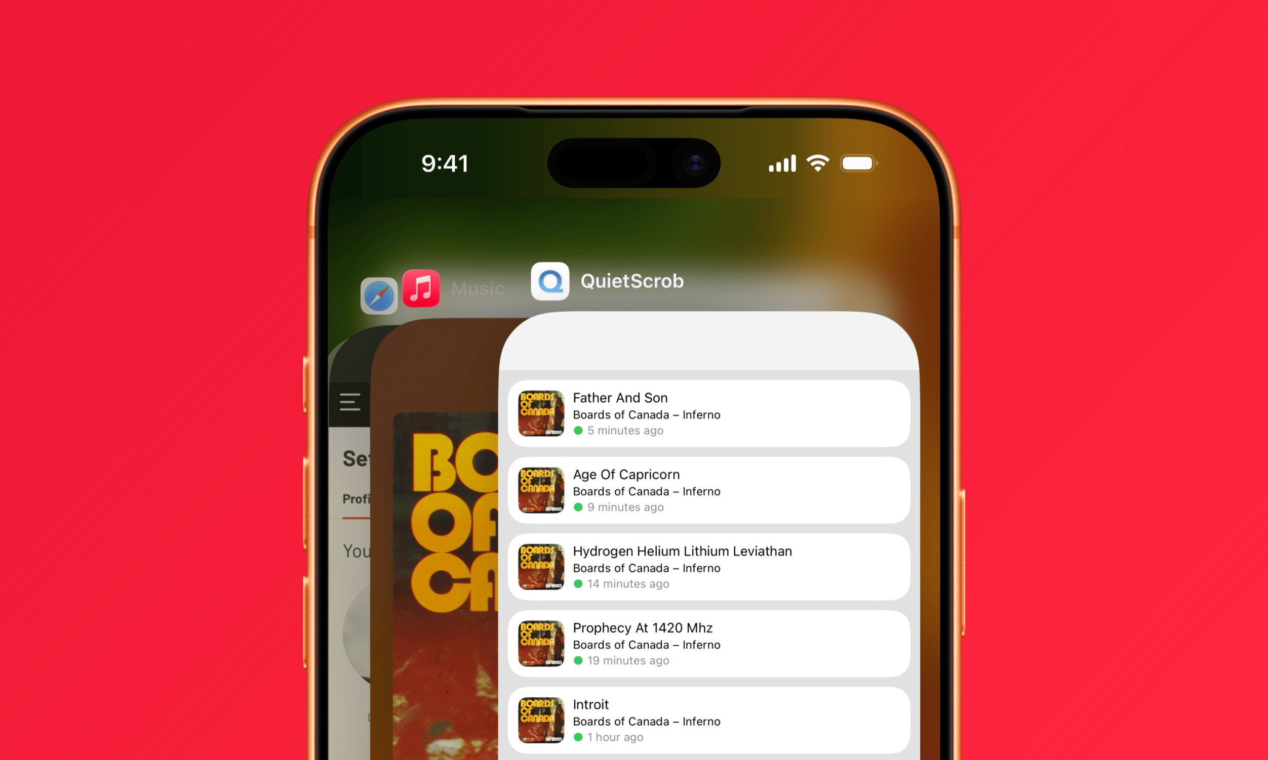 Ein Smartphone-Bildschirm zeigt eine Liste mit Benachrichtigungen der App „QuietScrob“, die Informationen zu kürzlich gespielten Musiktiteln und deren Zeitstempel auflistet.