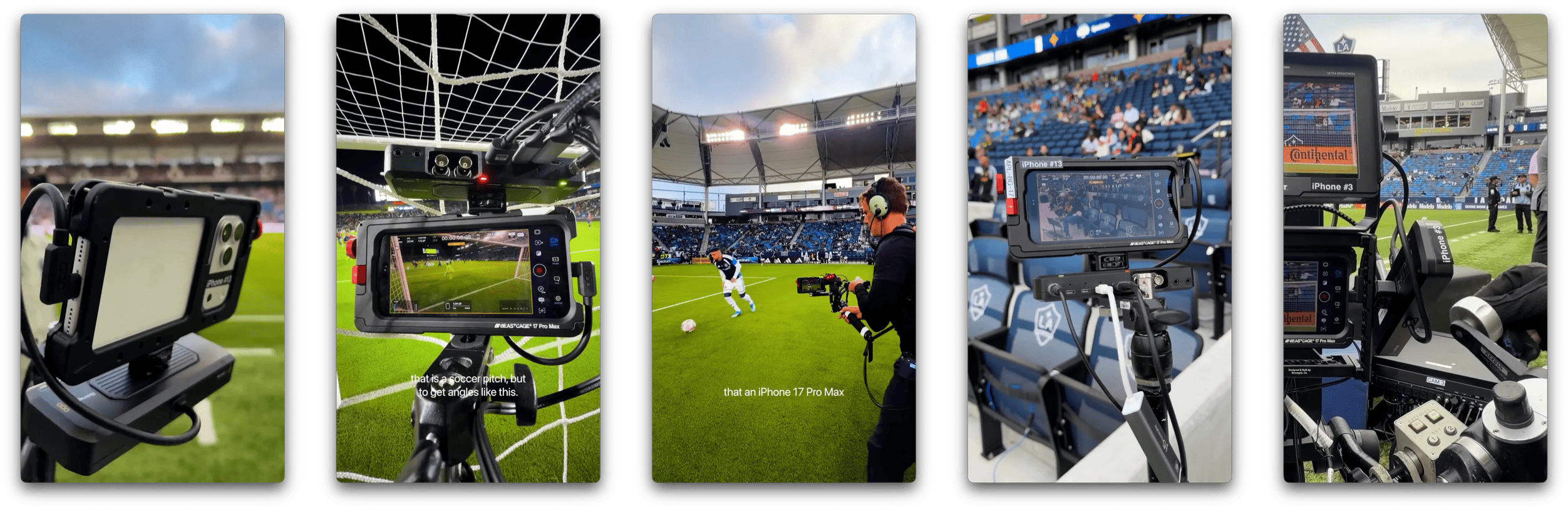 A collage of five images showcasing various setups for filming a soccer match using iPhones. The first and third images show close-ups of iPhones mounted on equipment by the pitch. The second image shows an iPhone filming through a soccer goal net, capturing the field. The fourth image features a videographer with headphones operating an iPhone on a stabilizer during the game. The fifth image displays an iPhone on a tripod filming the field with players and spectators visible in the stadium.