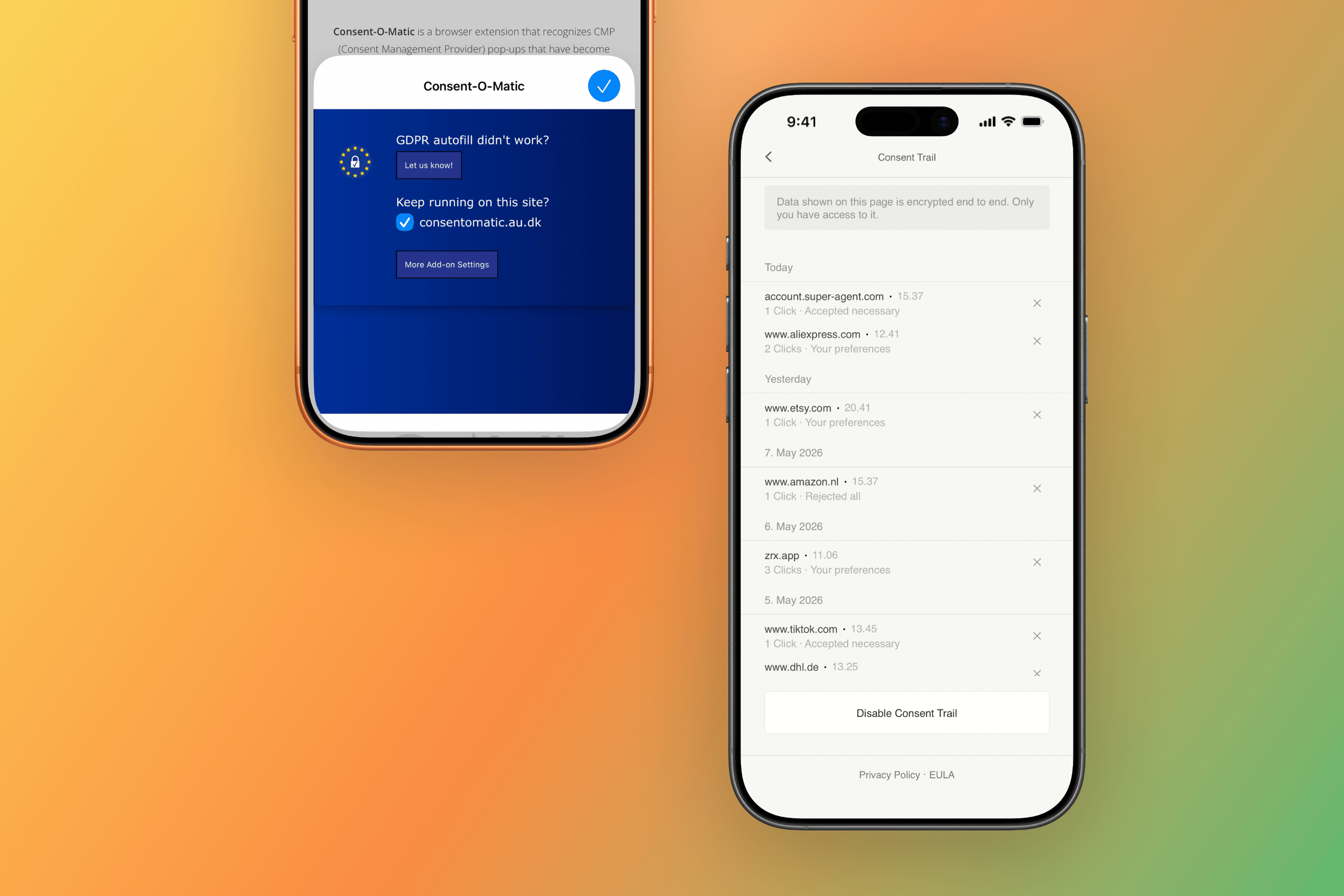 Zwei Smartphone-Bildschirme zeigen die Benutzeroberfläche der Consent-O-Matic-Anwendung. Der linke Bildschirm zeigt Erweiterungseinstellungen, während der rechte Bildschirm ein chronologisches Protokoll der auf verschiedenen Websites durchgeführten Cookie-Zustimmungsaktionen unter „Consent Trail“ anzeigt.