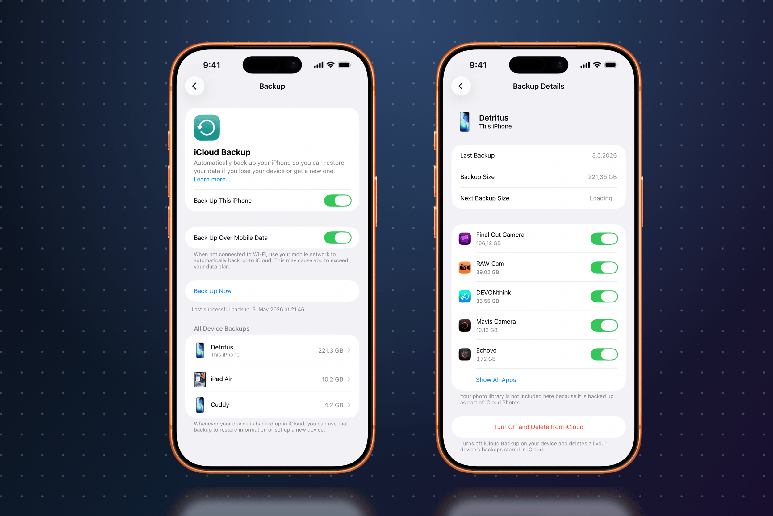 Zwei Smartphone-Bildschirme zeigen die iCloud-Backup-Einstellungen. Der linke Bildschirm zeigt das Hauptmenü „Backup“ mit Schaltern für automatische Backups und mobile Daten sowie eine Liste von Geräte-Backups.