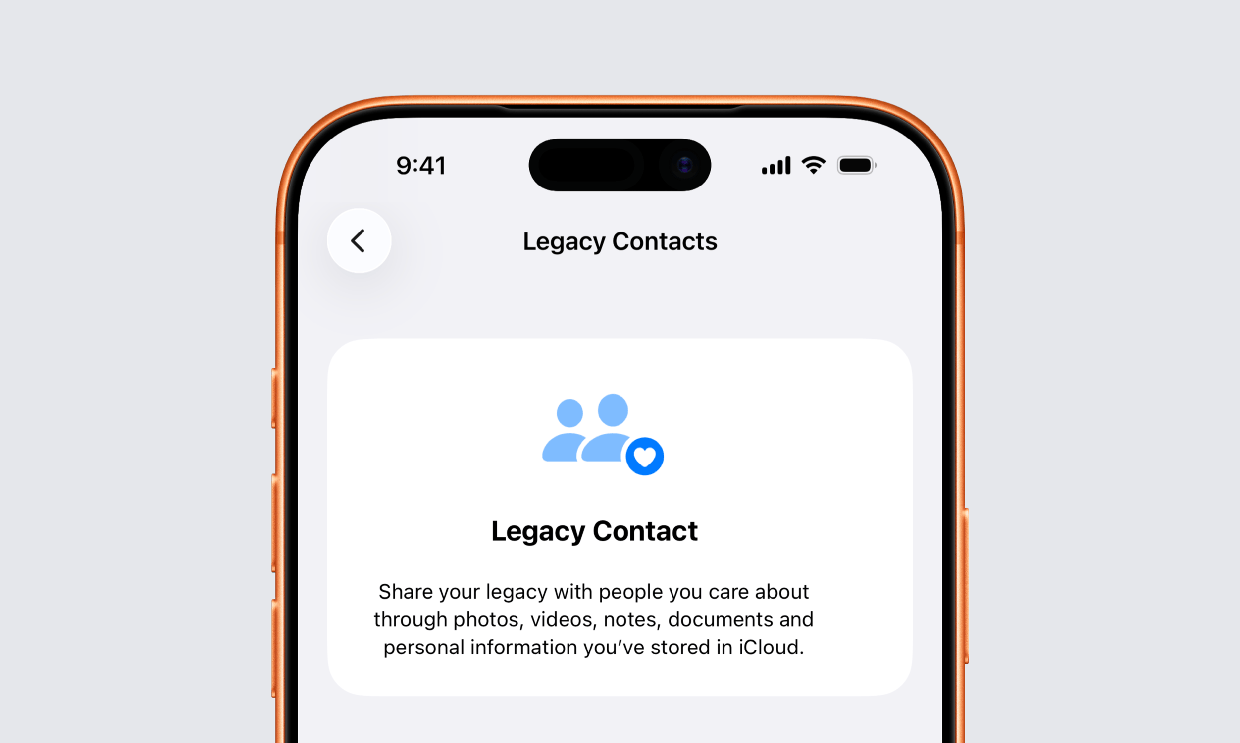 Ein Smartphone-Bildschirm, der die Einstellungen für den Nachlasskontakt anzeigt und die Funktion erläutert, iCloud-Daten wie Fotos, Videos und Dokumente mit vertrauenswürdigen Personen zu teilen.