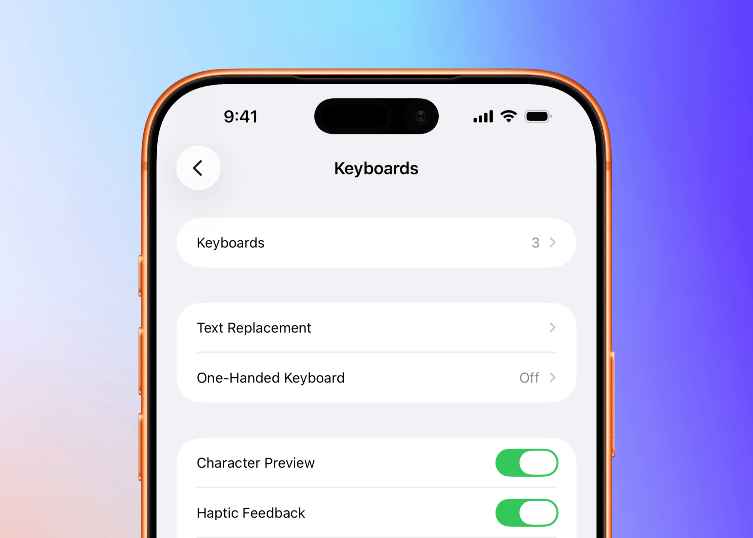 Ein Smartphone-Bildschirm zeigt das Einstellungsmenü für Tastaturen mit Optionen für Textersetzung, einhändige Tastatur, Zeichenvorschau und haptisches Feedback.