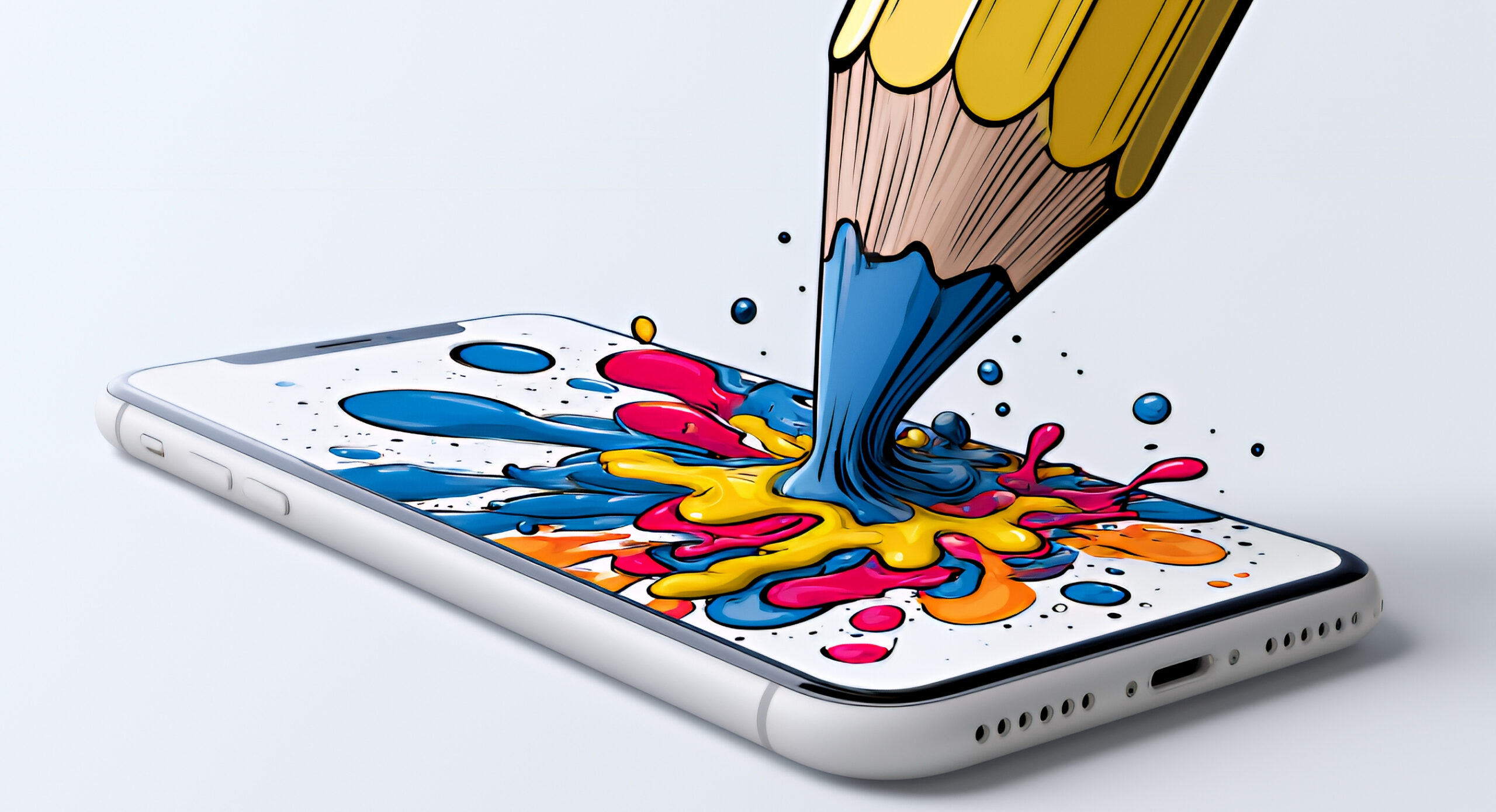 Ein großer gelber Stift berührt den Bildschirm eines Smartphones und erzeugt einen farbenfrohen Spritzer aus blauer, gelber und rosa Farbe auf dem Display.