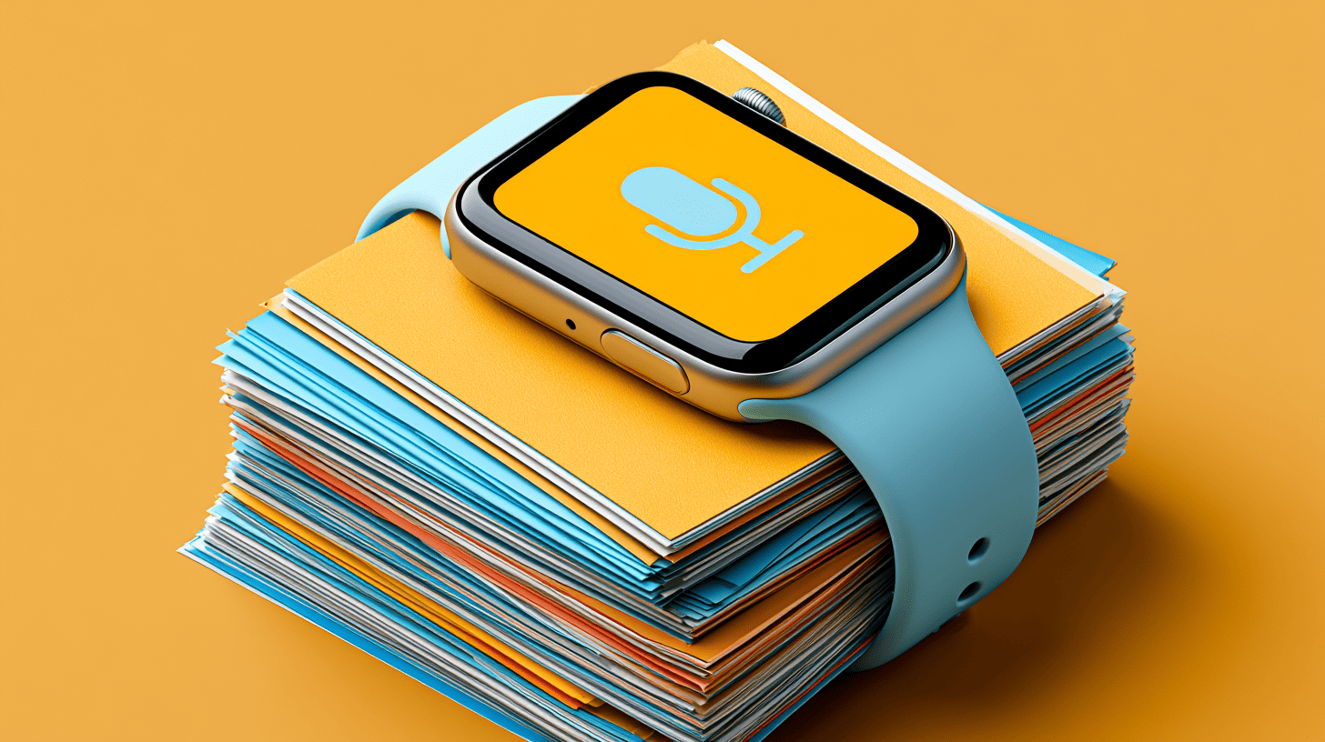 Eine Smartwatch mit hellblauem Armband, die ein Mikrofonsymbol auf dem Display anzeigt und auf einem Stapel blauer und orangefarbener Blätter vor einem orangefarbenen Hintergrund liegt.