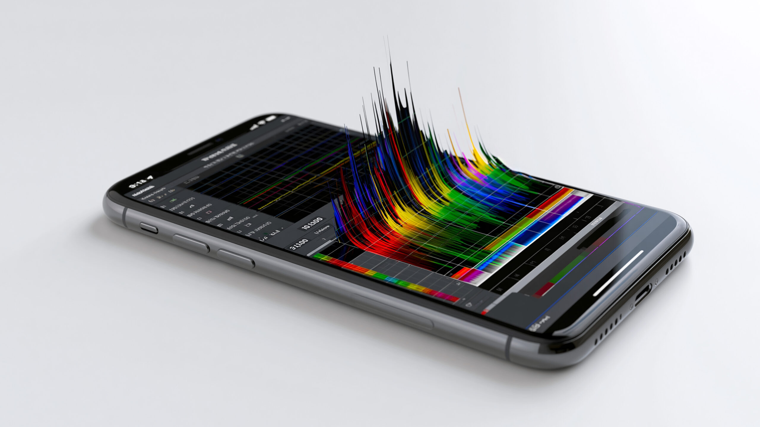 Ein Smartphone auf einer weißen Oberfläche zeigt eine farbenfrohe, dreidimensionale Spektralanalyse an, die scheinbar aus dem Bildschirm herausragt.