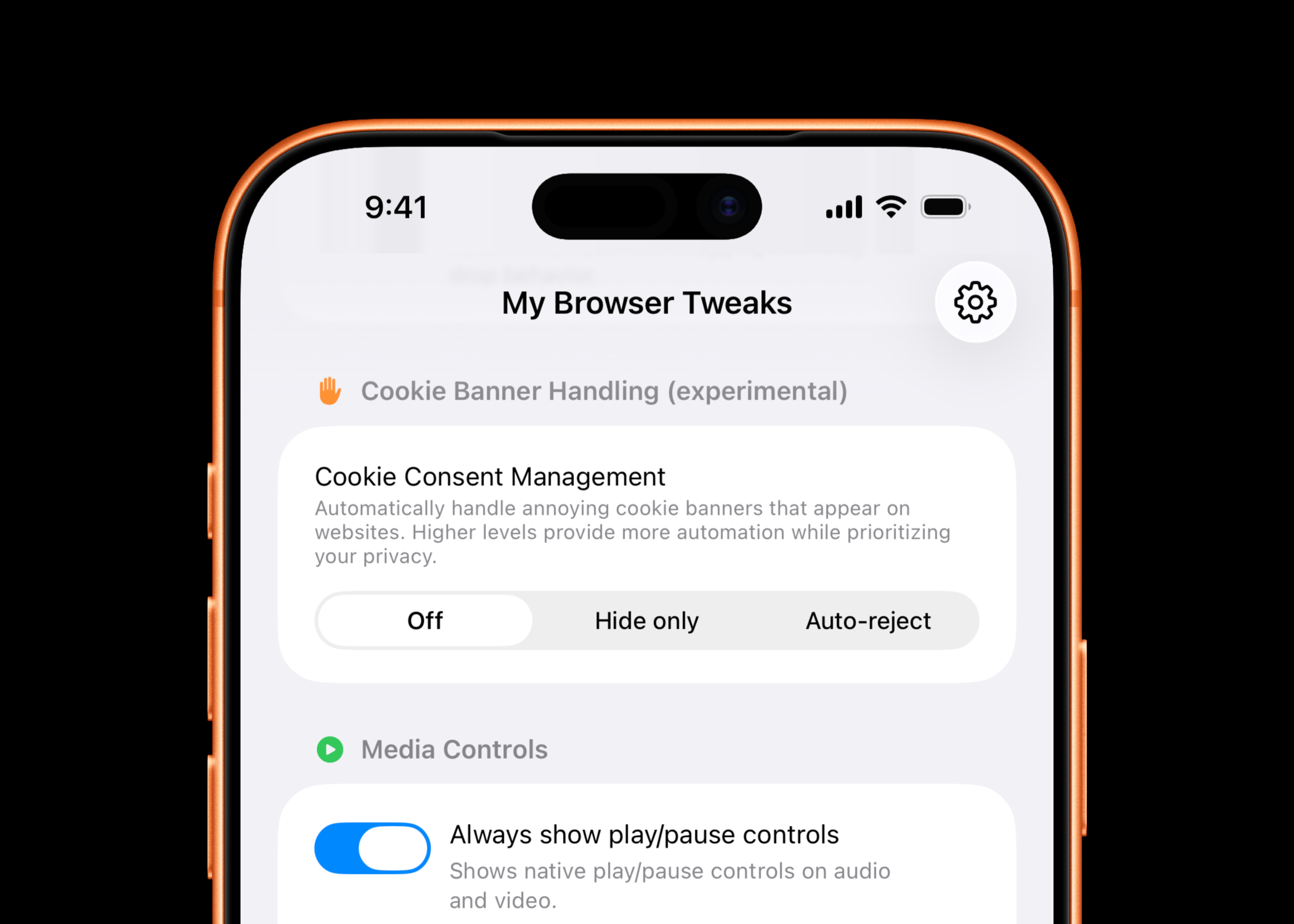 Smartphone screen showing "My Browser Tweaks" settings, featuring a section for cookie banner handling with options for "Off," "Hide only," and "Auto-reject," and a toggle for "Always show play/pause controls."

Smartphone-Bildschirm mit den Einstellungen für „My Browser Tweaks“, mit einem Abschnitt zur Cookie-Banner-Handhabung inklusive der Optionen „Aus“, „Nur ausblenden“ und „Automatisch ablehnen“ sowie einem Schalter für „Immer Play/Pause-Steuerelemente anzeigen“.