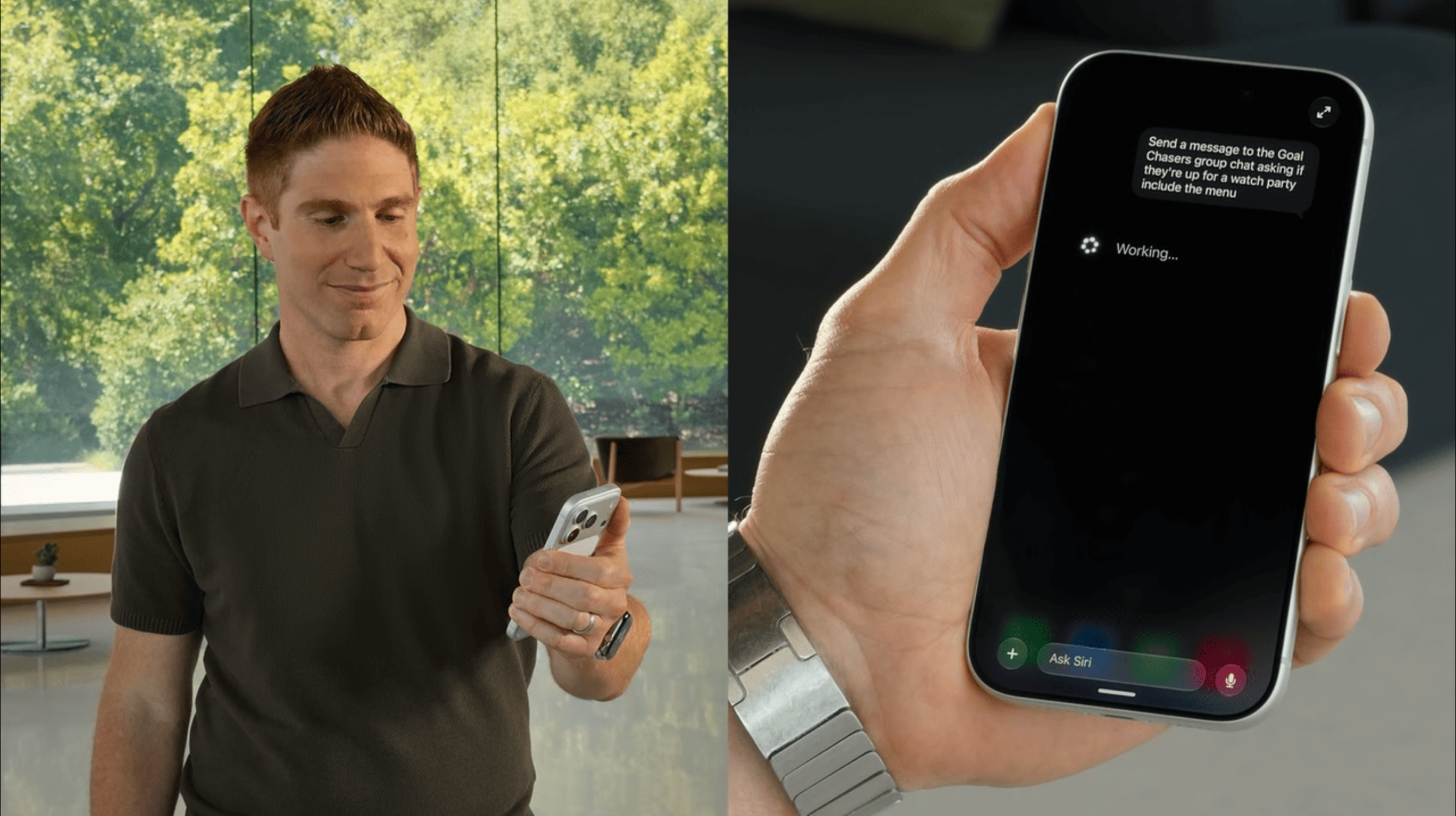 A man in a dark polo shirt is holding an iPhone and smiling as he interacts with the device. The close-up of the phone's screen shows a message being processed by Siri, indicating it’s working on sending a group chat message.