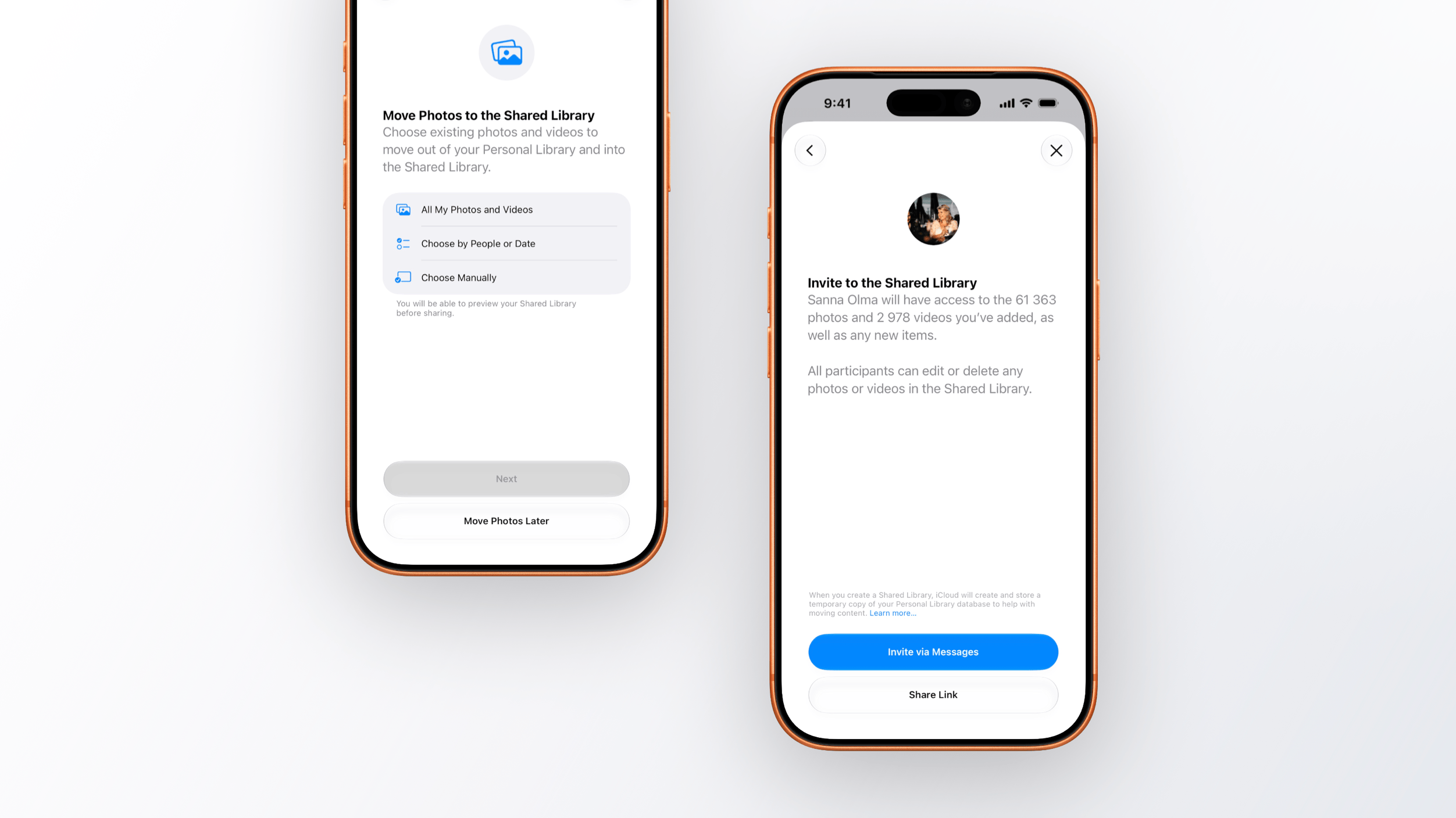 Zwei Smartphones zeigen Apple iOS-Einrichtungsbildschirme für eine geteilte Fotomediathek. Der linke Bildschirm zeigt Optionen zum Verschieben von Fotos und Videos in die Mediathek. Der rechte Bildschirm zeigt einen Einladungsbildschirm mit dem Profilbild eines Teilnehmers sowie Optionen zum Teilen des Zugriffs per Nachricht oder Link.