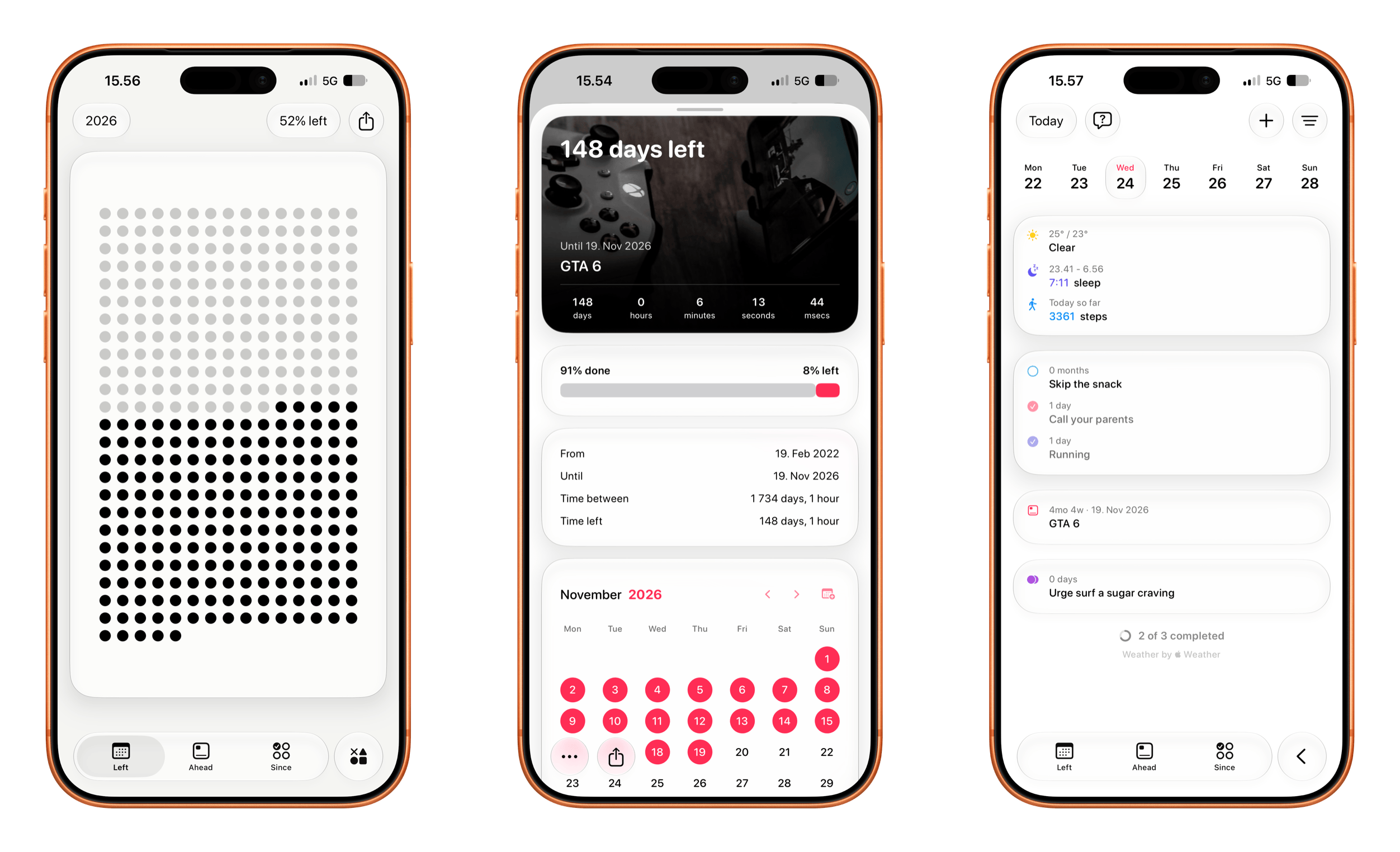Drei Screenshots einer mobilen Anwendung auf einem Smartphone zeigen eine Raster-Fortschrittsanzeige, einen detaillierten Countdown-Timer für ein bevorstehendes Ereignis mit Kalenderansicht sowie ein tägliches Dashboard mit Wetterinformationen, Aktivitätstracking und Aufgabenlisten.