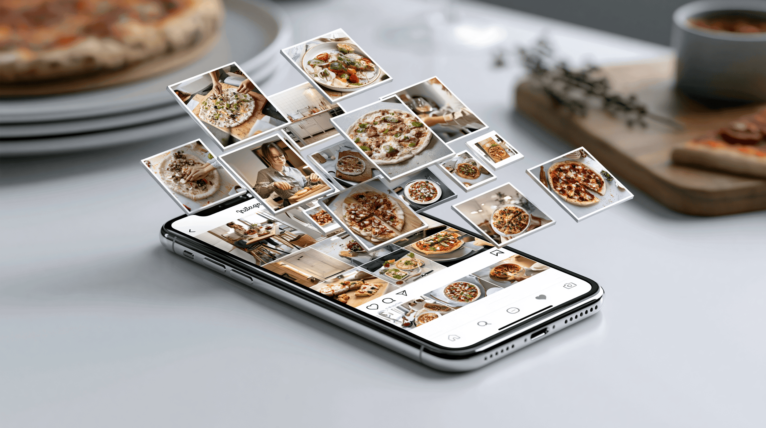 Ein Smartphone auf einem Tisch zeigt einen App-Feed, während zahlreiche quadratische Bilder von Pizzen aus dem Bildschirm in die Luft zu schweben scheinen.