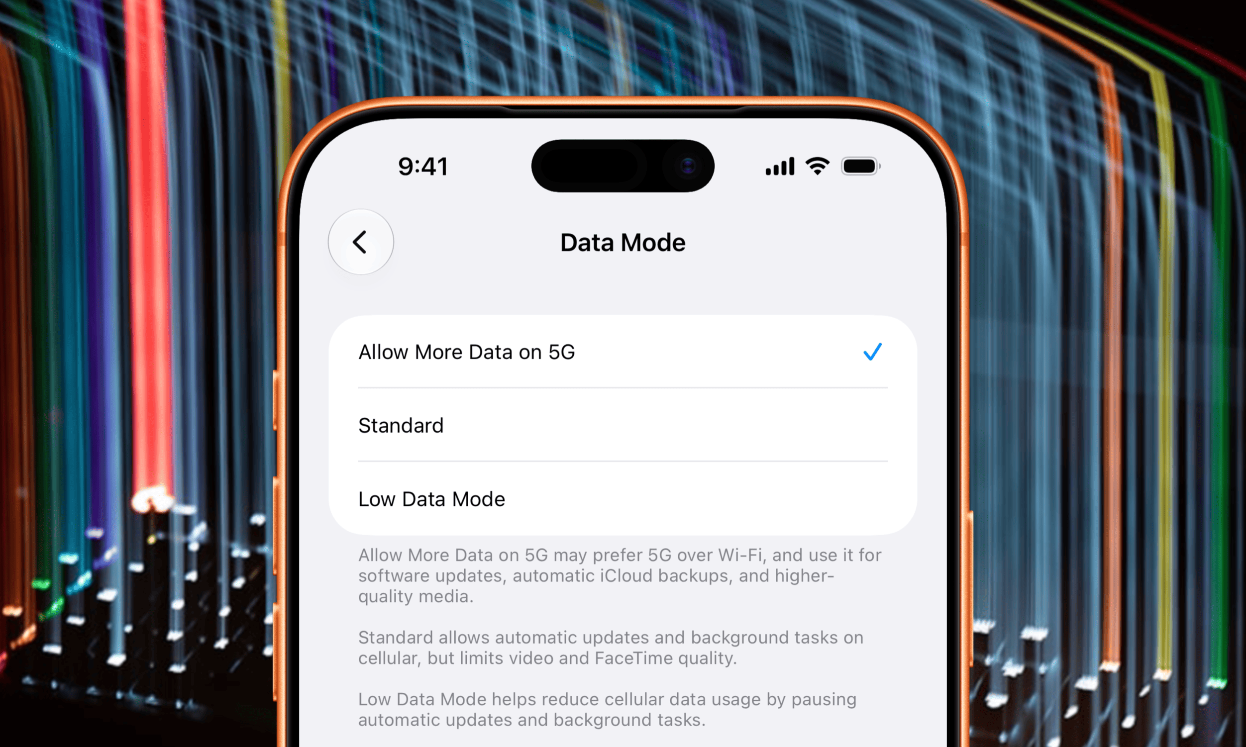 Ein Smartphone-Einstellungsmenü für den Datenmodus mit den Optionen „Mehr Daten auf 5G erlauben“, „Standard“ und „Datensparmodus“, wobei „Mehr Daten auf 5G erlauben“ aktuell ausgewählt ist.