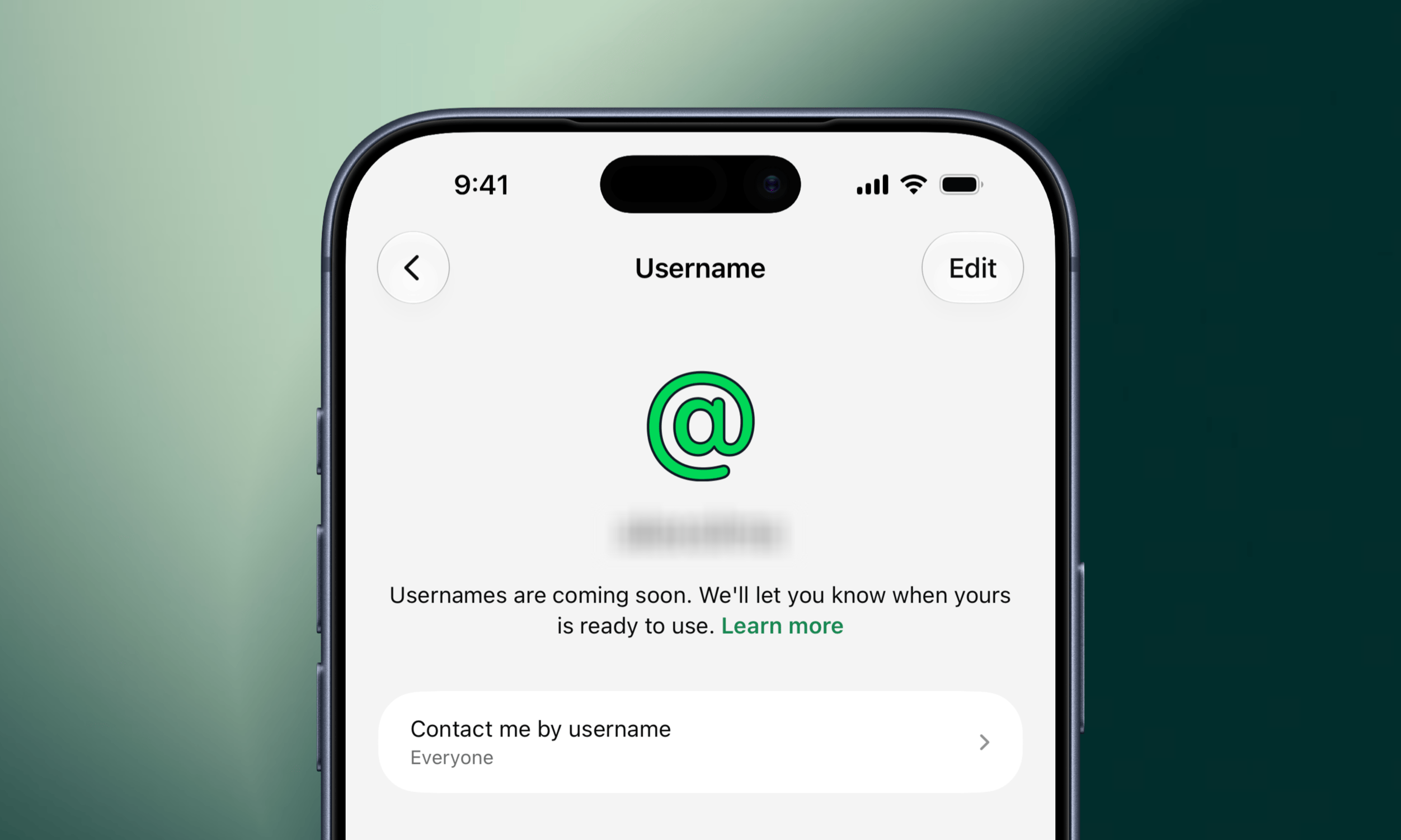 Ein Smartphone-Bildschirm zeigt die Einstellungsseite „Benutzername“ einer App mit dem Hinweis, dass Benutzernamen bald verfügbar sind, sowie eine Einstellung für „Kontakt über Benutzername“, die auf „Jeder“ gesetzt ist.