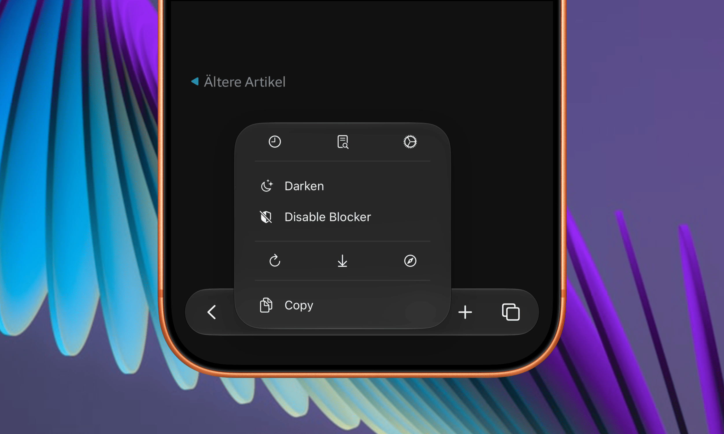Ein Smartphone-Bildschirm, der eine Browser-Oberfläche mit einem geöffneten Popup-Menü zeigt, das Optionen wie „Darken“, „Disable Blocker“ und „Copy“ enthält, vor einem abstrakten violett-blauen Hintergrund.