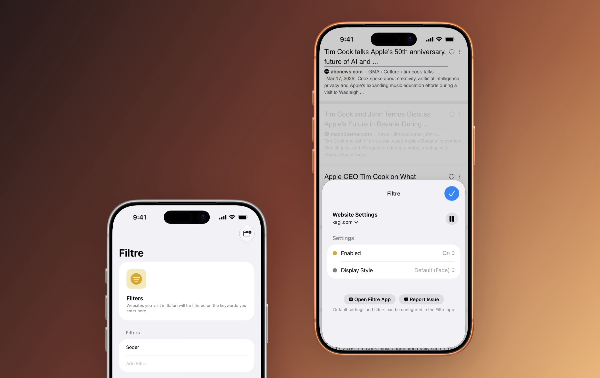 Zwei Smartphone-Bildschirme zeigen die Benutzeroberfläche einer App zum Filtern von Webinhalten. Der linke Bildschirm zeigt die Hauptansicht der App mit einer Liste aktiver Filter, während der rechte Bildschirm ein Einstellungsmenü für eine bestimmte Website anzeigt, das Optionen zum Aktivieren des Filters und zum Anpassen des Anzeigestils enthält.