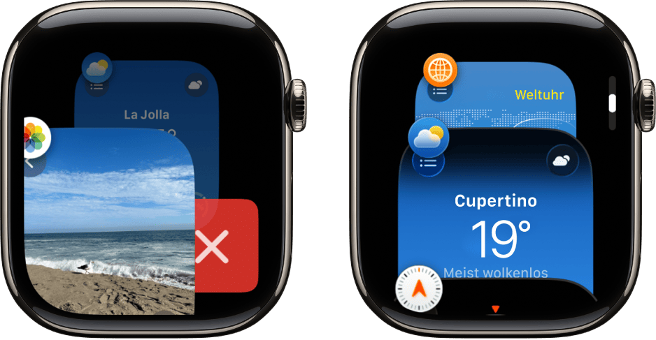 Zwei Apple-Watch-Displays nebeneinander, die die App-Übersicht zeigen. Links ist eine Foto-App mit einer Strandaufnahme zu sehen, die mit einem roten X-Symbol geschlossen werden kann. Rechts ist eine Wetter-App für Cupertino mit einer Temperatur von 19 Grad und dem Status „Meist wolkenlos“ dargestellt.