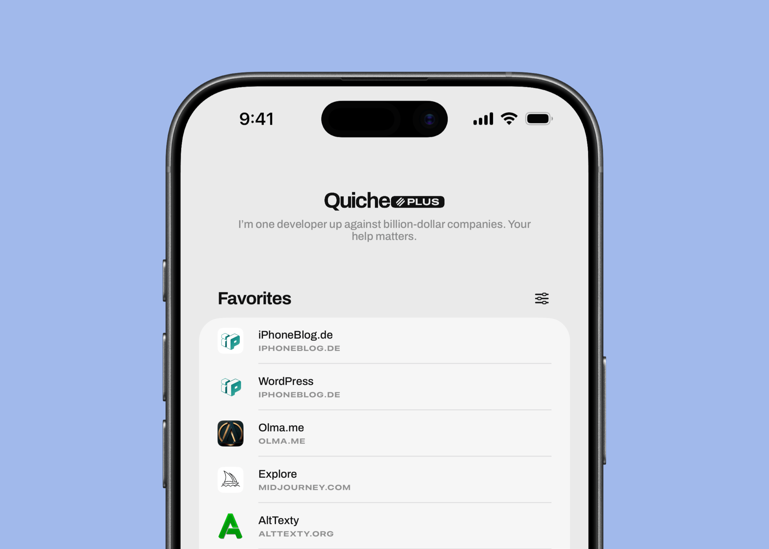 Smartphone-Display mit der Benutzeroberfläche der „Quiche Plus“-App, die eine Favoritenliste von Websites und eine Nachricht des Entwicklers anzeigt.