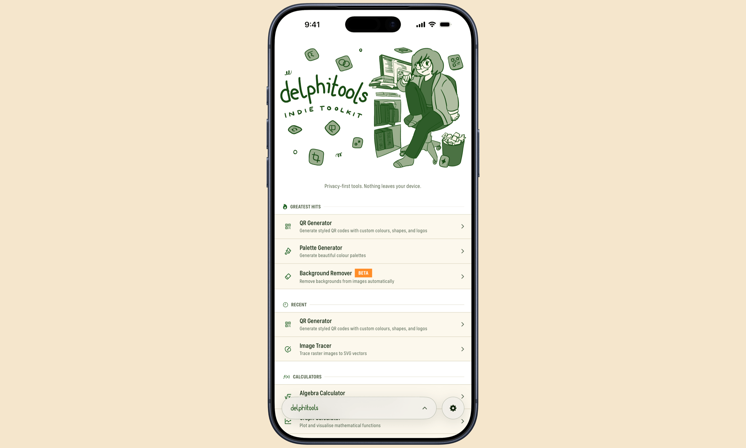 Smartphone-App-Oberfläche für das „delphitools Indie Toolkit“, die eine handgezeichnete Illustration einer Person an einem Schreibtisch über einem Menü von datenschutzfreundlichen Werkzeugen wie QR-Code-Generierung, Hintergrundentfernung und mathematischen Rechnern zeigt.