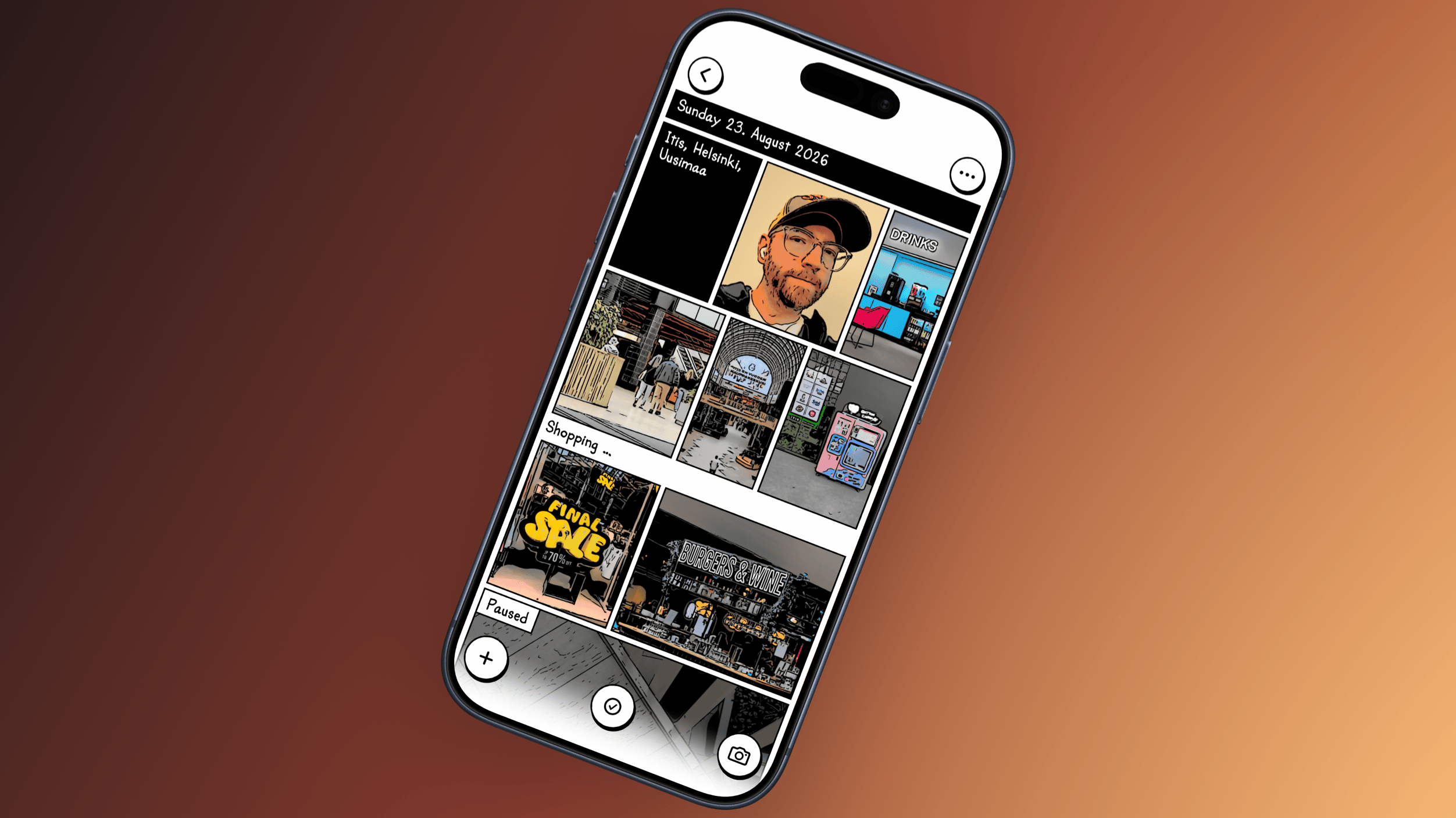 Ein Smartphone-Bildschirm zeigt die Benutzeroberfläche einer Fototagebuch-App im Comic-Stil. Sie zeigt das Datum vom 23. August 2026 und den Standort Helsinki sowie eine Sammlung illustrierter Bilder, die Szenen aus einem Einkaufszentrum und eine Person mit Baseballkappe darstellen.