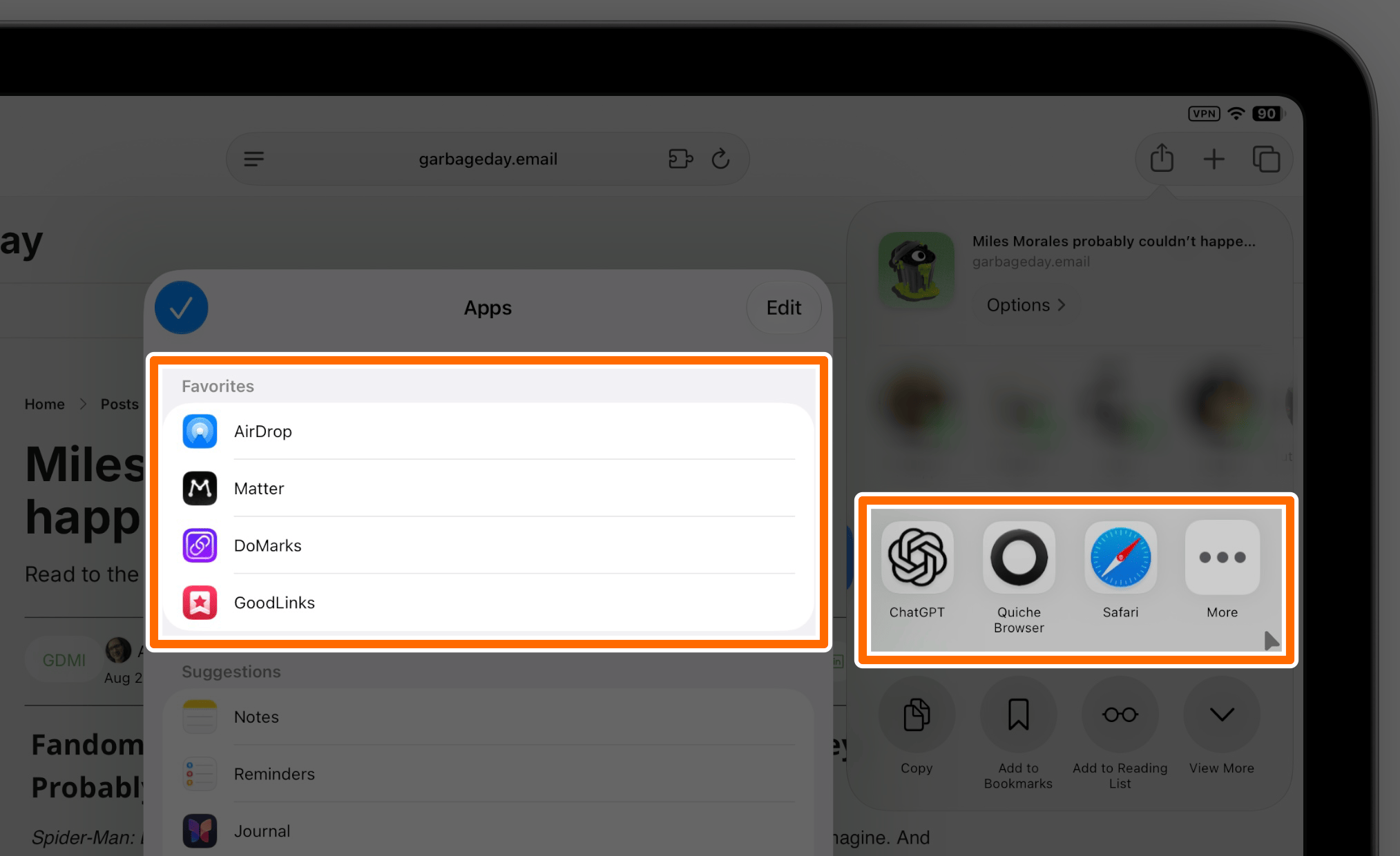 A screenshot showing an iPad share sheet menu with lists of favorite and suggested apps.