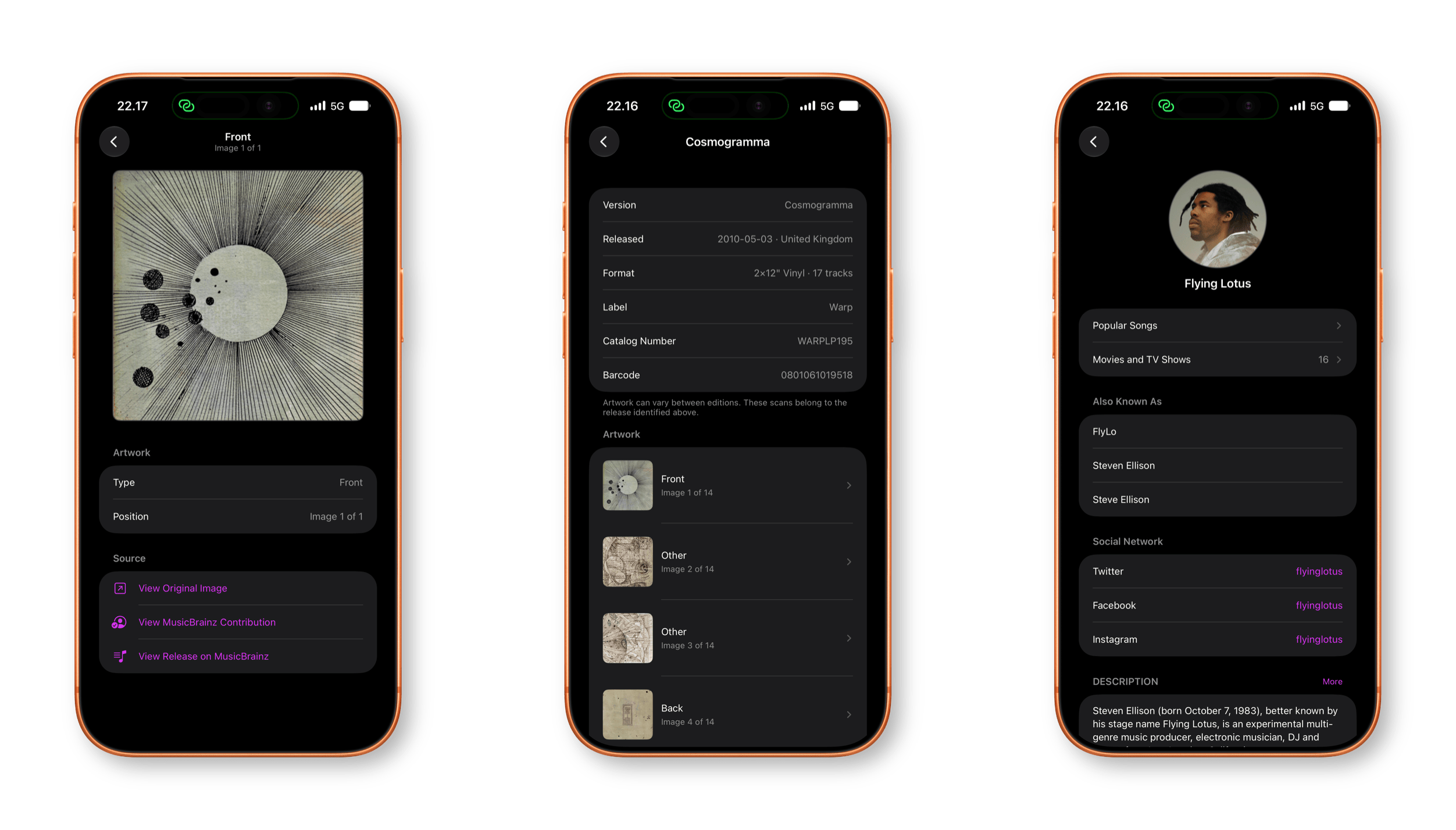 Drei nebeneinanderliegende Screenshots einer mobilen App-Oberfläche, die Details zu einem Musikalbum und ein Künstlerprofil zeigen. Der linke Bildschirm zeigt ein Albumcover mit einem grafischen, strahlenförmigen Muster. Der mittlere Bildschirm listet Metadaten zum Album auf, einschließlich Veröffentlichungsdatum, Format und einer Liste der Artworks. Der rechte Bildschirm zeigt ein Künstlerprofil mit einem kreisförmigen Porträt, Social-Media-Links und einer kurzen Biografie.