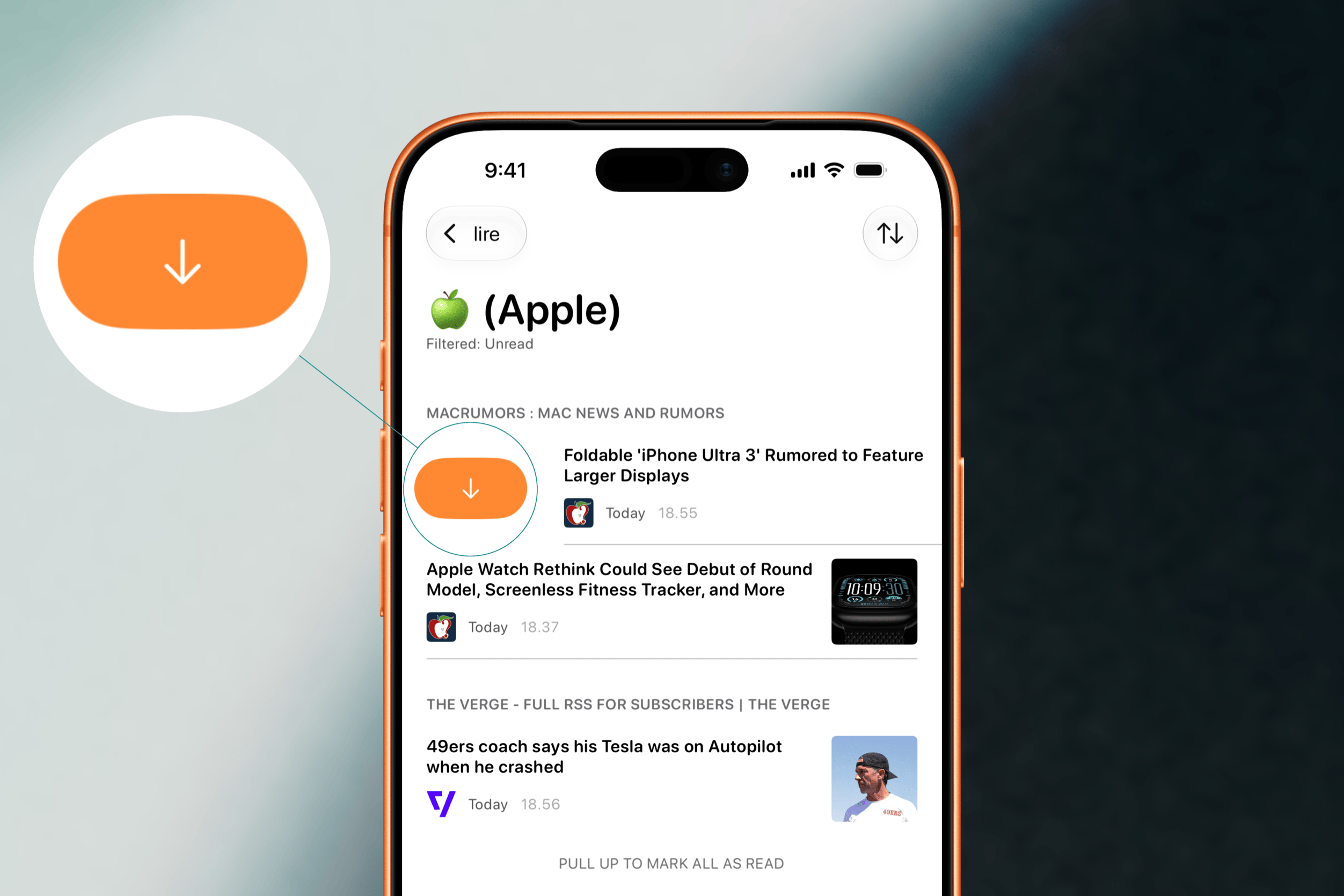 Ein Smartphone-Bildschirm zeigt eine Nachrichten-App mit einer Liste von Schlagzeilen. Eine vergrößerte Ansicht auf der linken Seite hebt einen orangen, runden Button mit einem weißen Pfeil nach unten hervor.