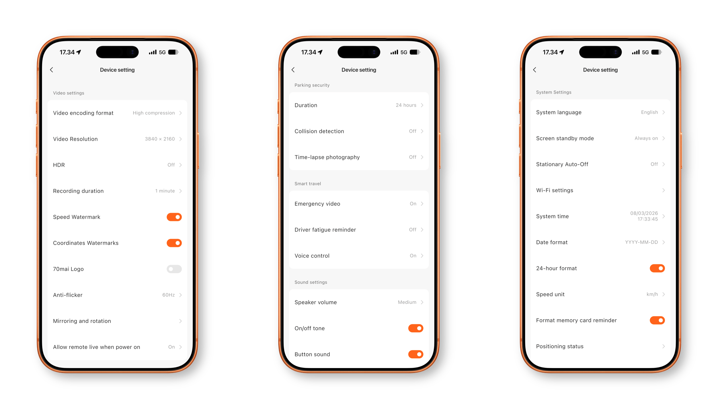 Three mobile app interface screens showing various configuration settings for a camera device, categorized into video, parking security, and system preferences.
Drei App-Oberflächenansichten zeigen verschiedene Konfigurationseinstellungen für ein Kameragerät, unterteilt in Video-, Parküberwachungs- und Systemeinstellungen.