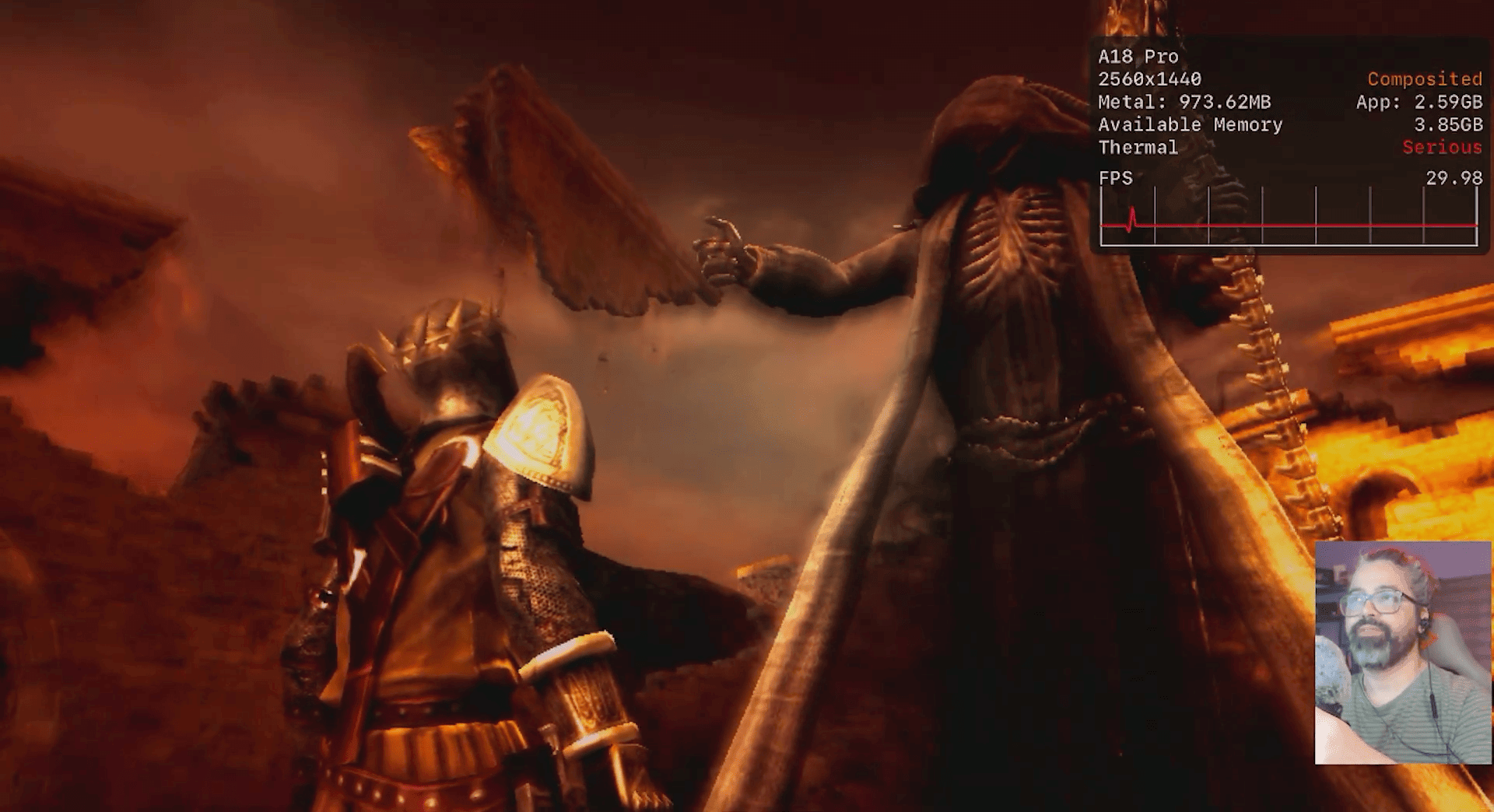 A screenshot of video gameplay featuring an A18 Pro system performance overlay with frame rate and memory statistics.