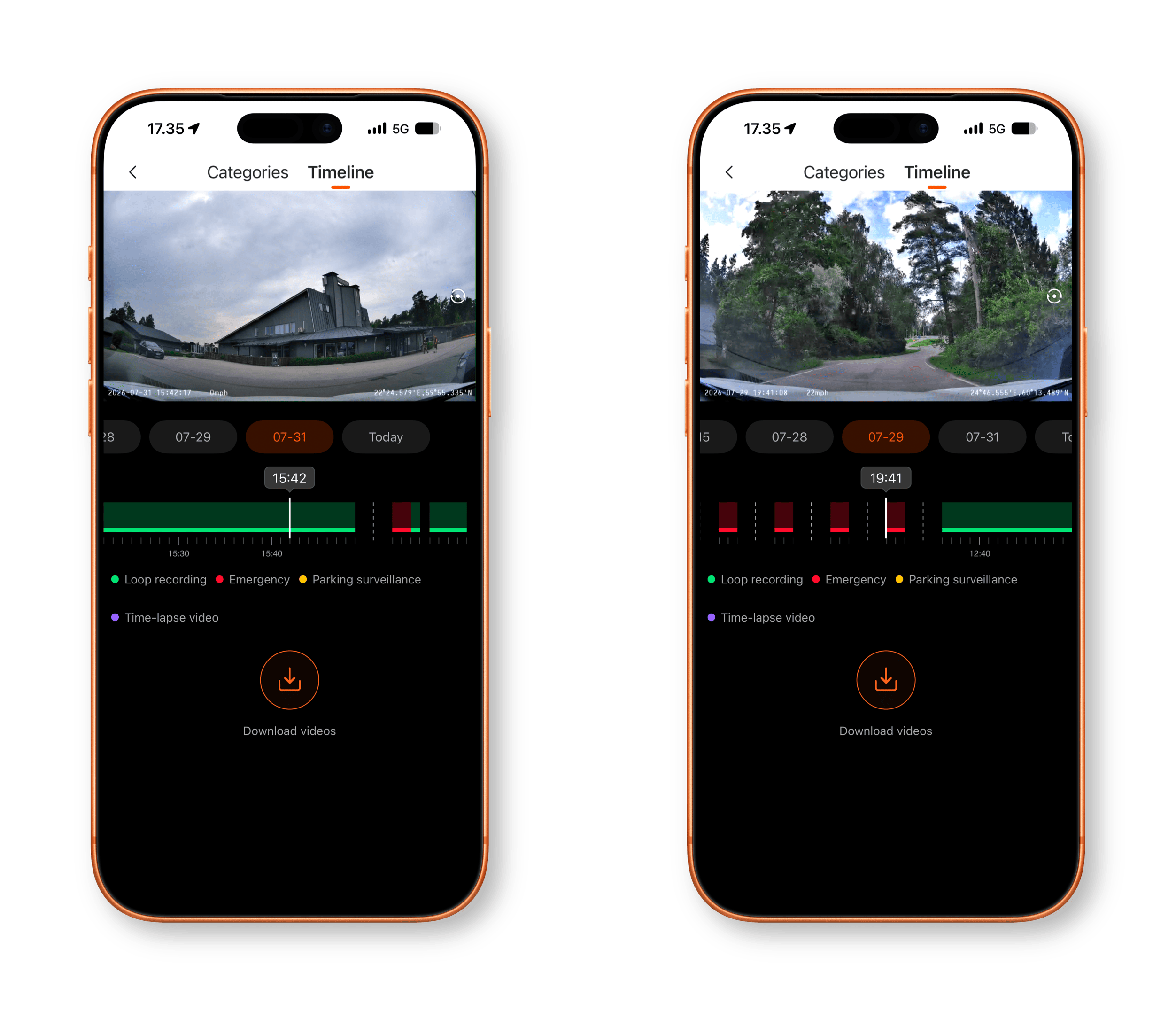 Zwei Smartphones zeigen die Benutzeroberfläche einer Dashcam-App. Auf dem Bildschirm ist ein Videoplayer mit einer Zeitleiste zu sehen, die farblich gekennzeichnete Bereiche für Loop-Aufnahmen und Notfallereignisse sowie eine Schaltfläche zum Herunterladen von Videos enthält.