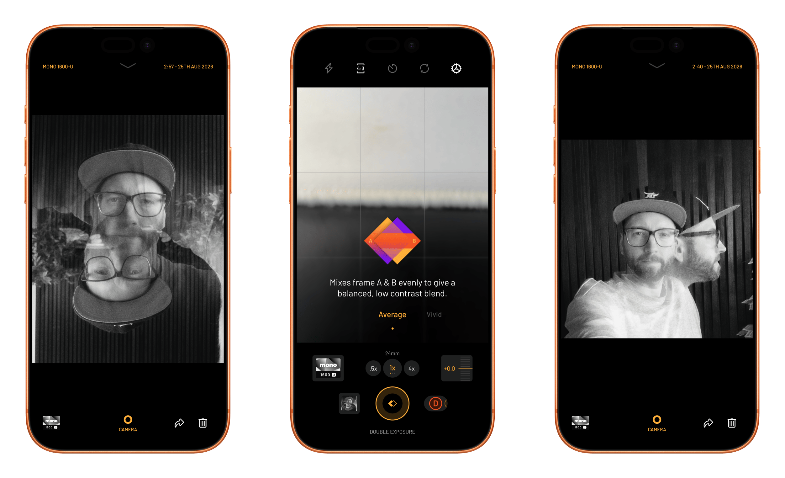 This screenshot displays the double exposure blending mode interface within the Mono 1600-U camera application.
