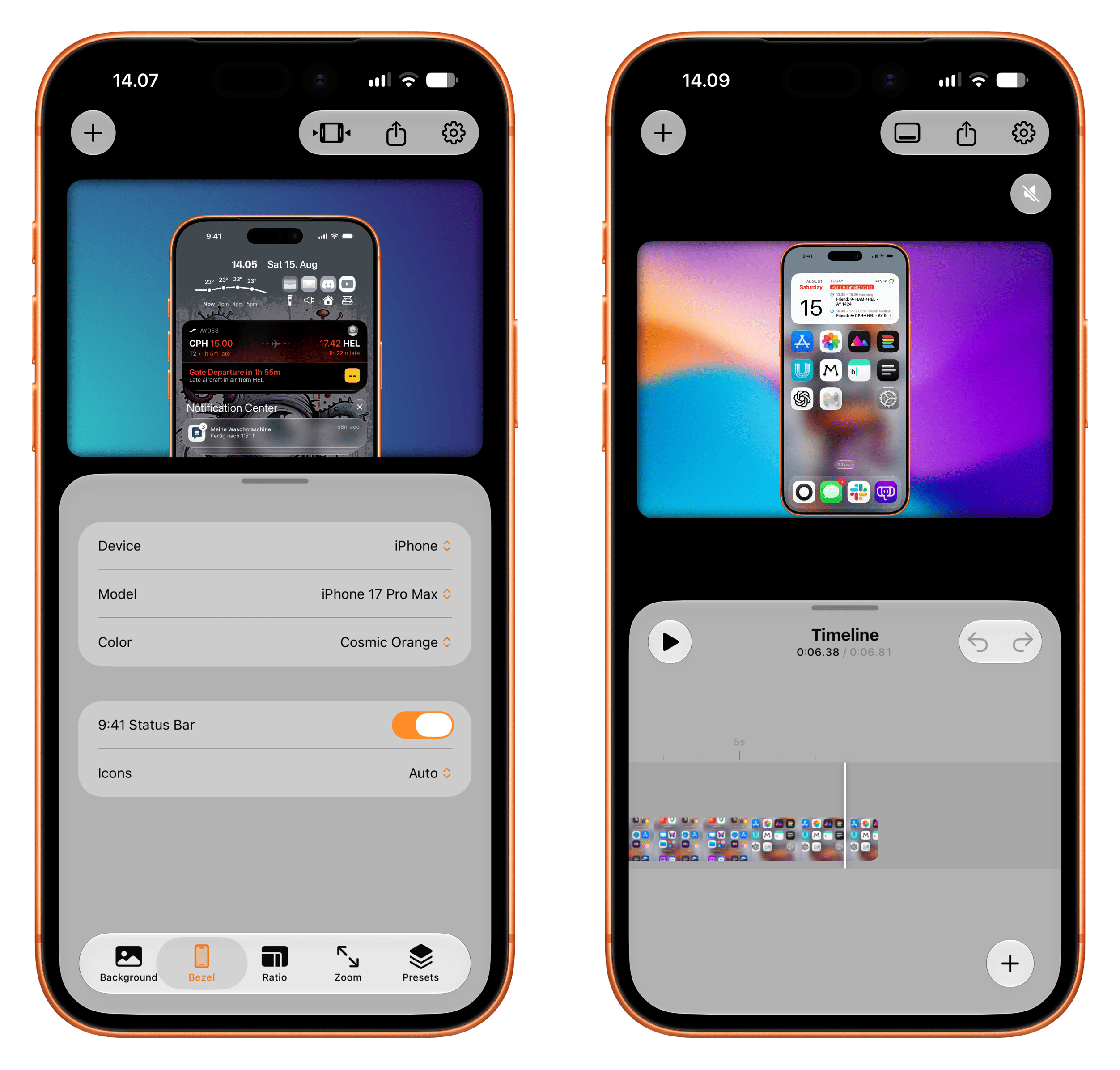 Zwei nebeneinander liegende Ansichten einer App zur Bearbeitung von iPhone-Mockups auf einem Smartphone.