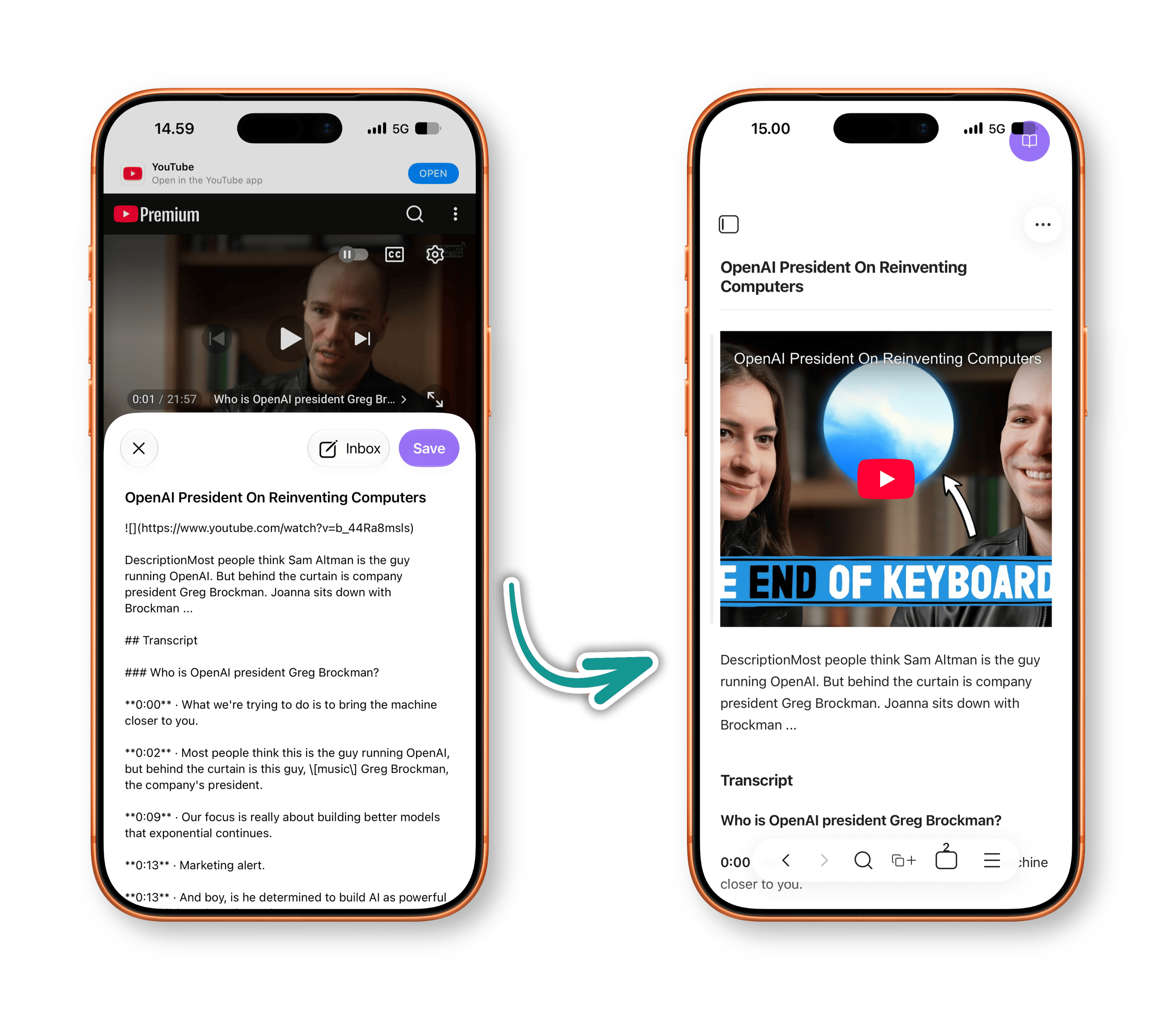 Zwei Smartphone-Bildschirme im Vergleich: Links ist eine YouTube-Videoseite zu sehen, rechts eine strukturierte Zusammenfassung desselben Videos, verbunden durch einen geschwungenen Pfeil, der einen Umwandlungsprozess darstellt.